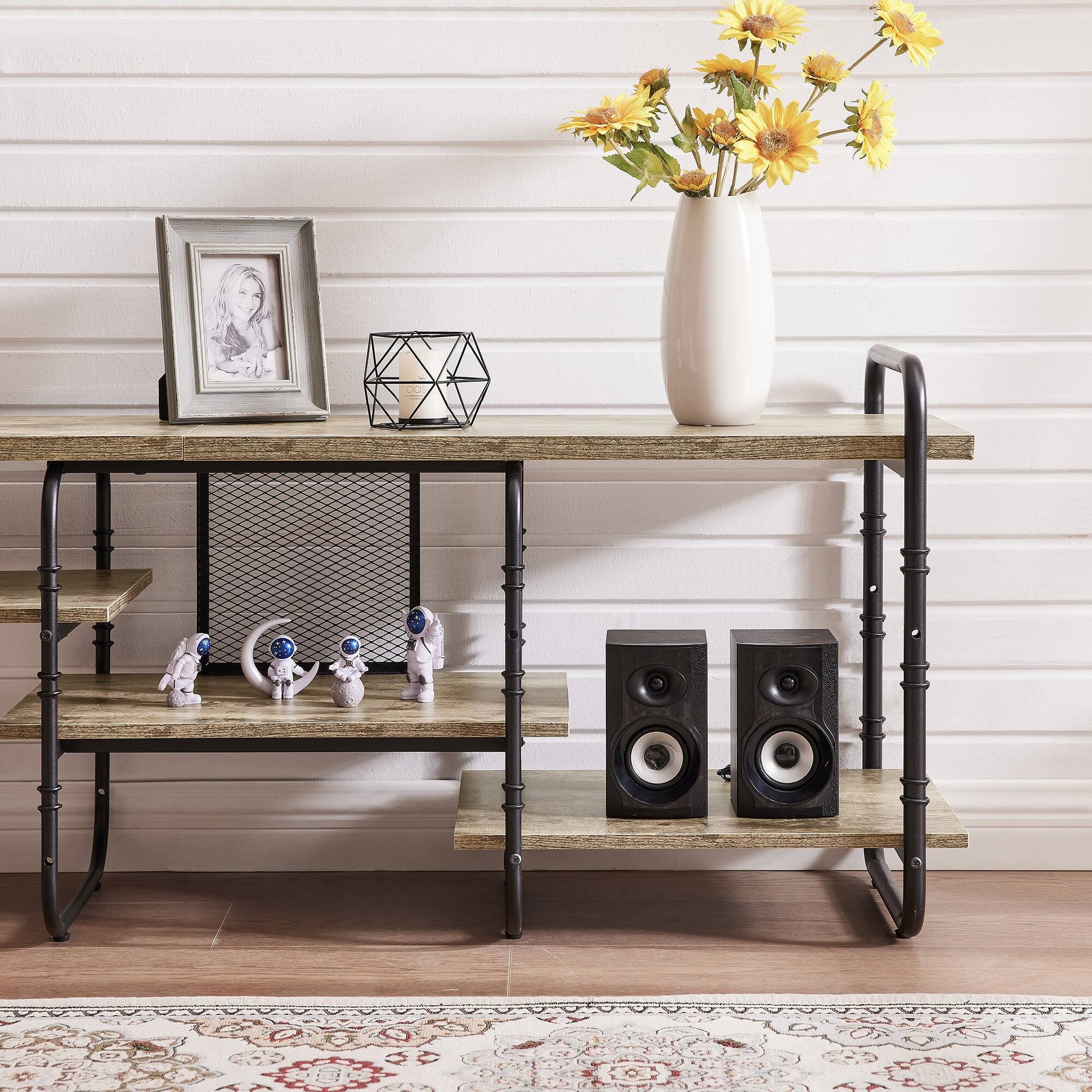 Alt View 2. Vecelo - 55" Industrial TV  Stand with Adjustable Shelves - Heavy Duty Metal Frame, 55lb Shelf Capacity,Brown - Grey.