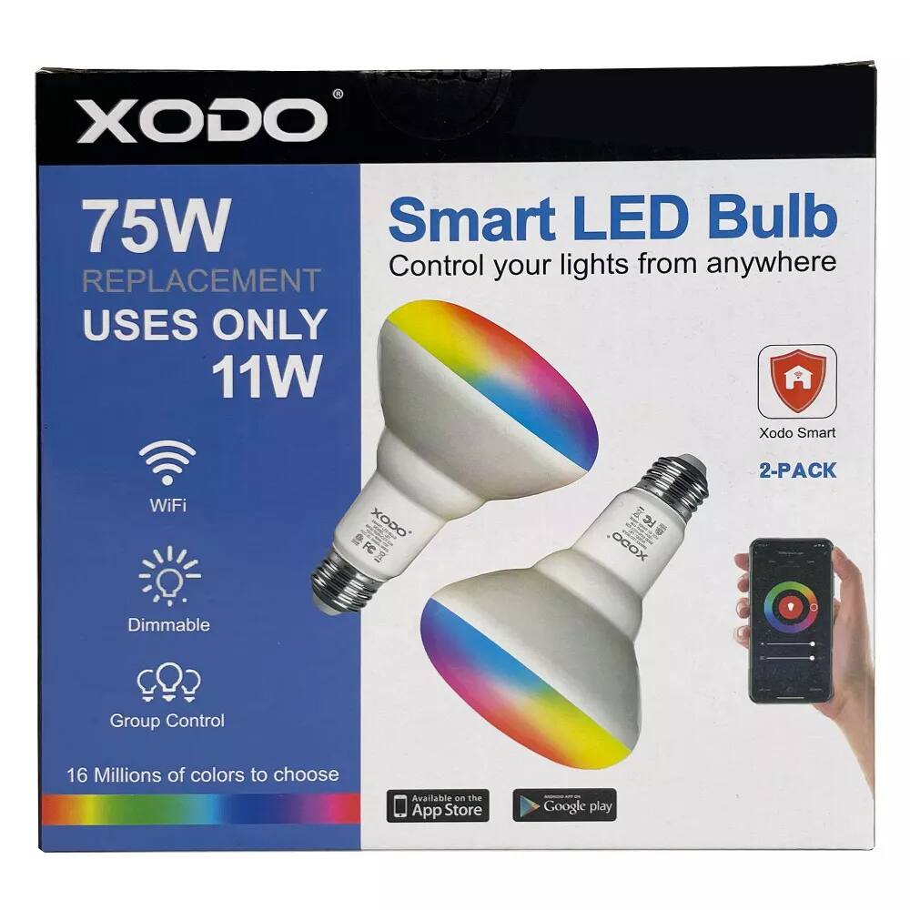 XODO  
75W Smart LED Bulb  
Control your lights from anywhere  
REPLACEMENT USES ONLY 11W  
WiFi  
Dimmable  
Group Control  
16 Millions of colors to choose  
Xodo Smart  
2-PACK  
Available on the App Store  
Google play