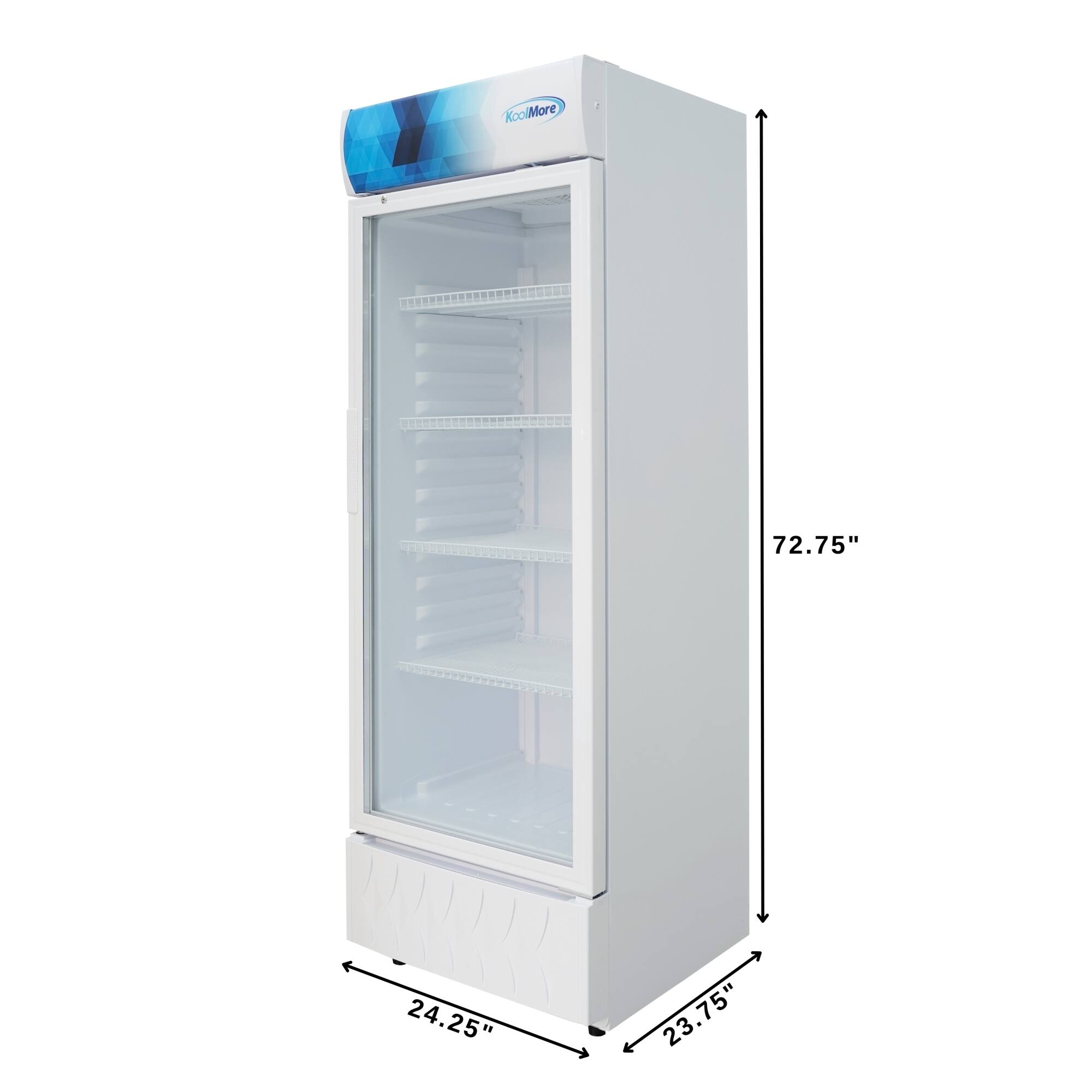The text on the image reads "KoolMore 72.75" 24.25" 23.75". This information is likely related to the dimensions of the refrigerator, with the height being 72.75 inches, the width being 24.25 inches, and the depth being 23.75 inches.
