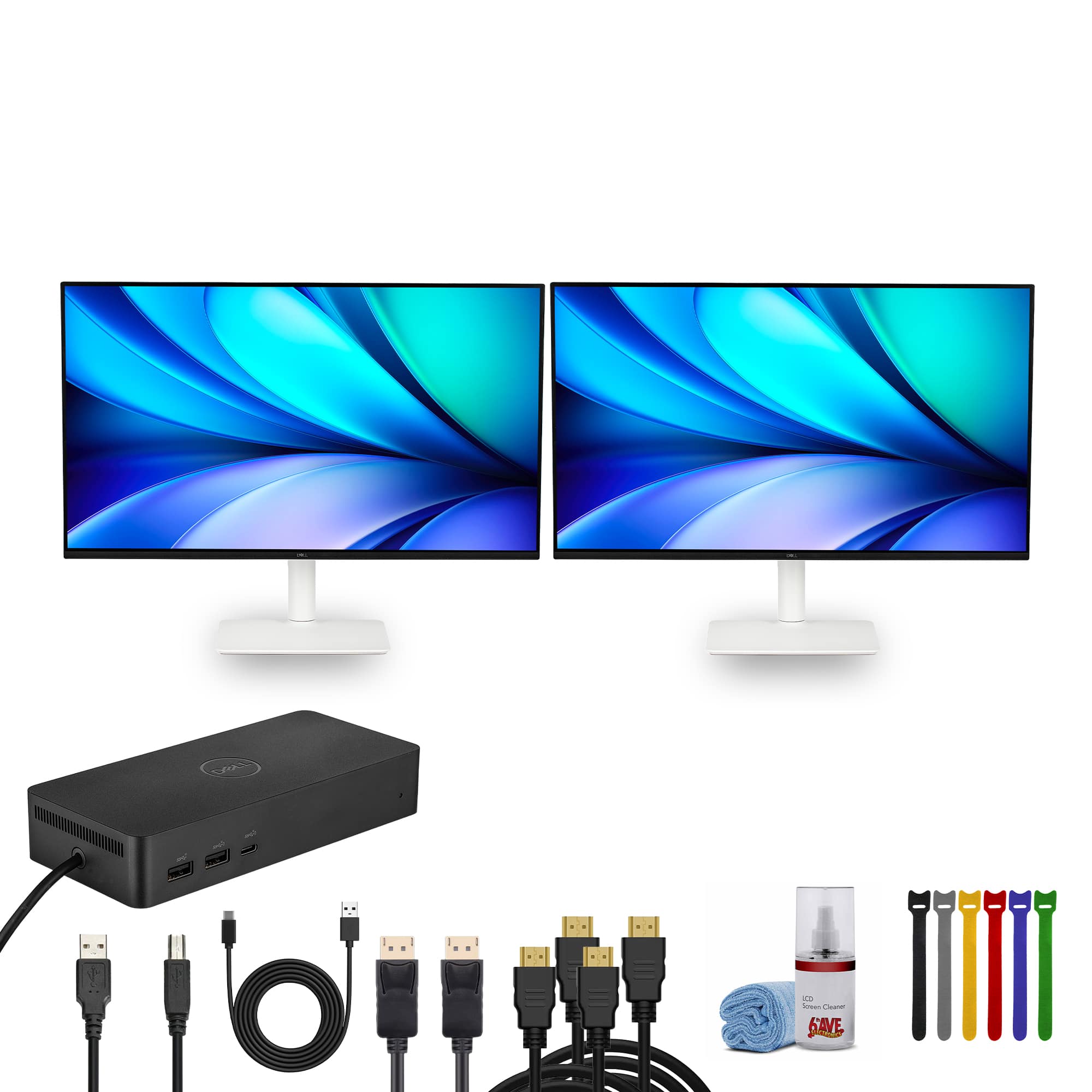 Pack of 2x Dell 32 Plus 4K Monitor, Dell Universal Dock, Pack of 2x HDMI Cable - Ash White