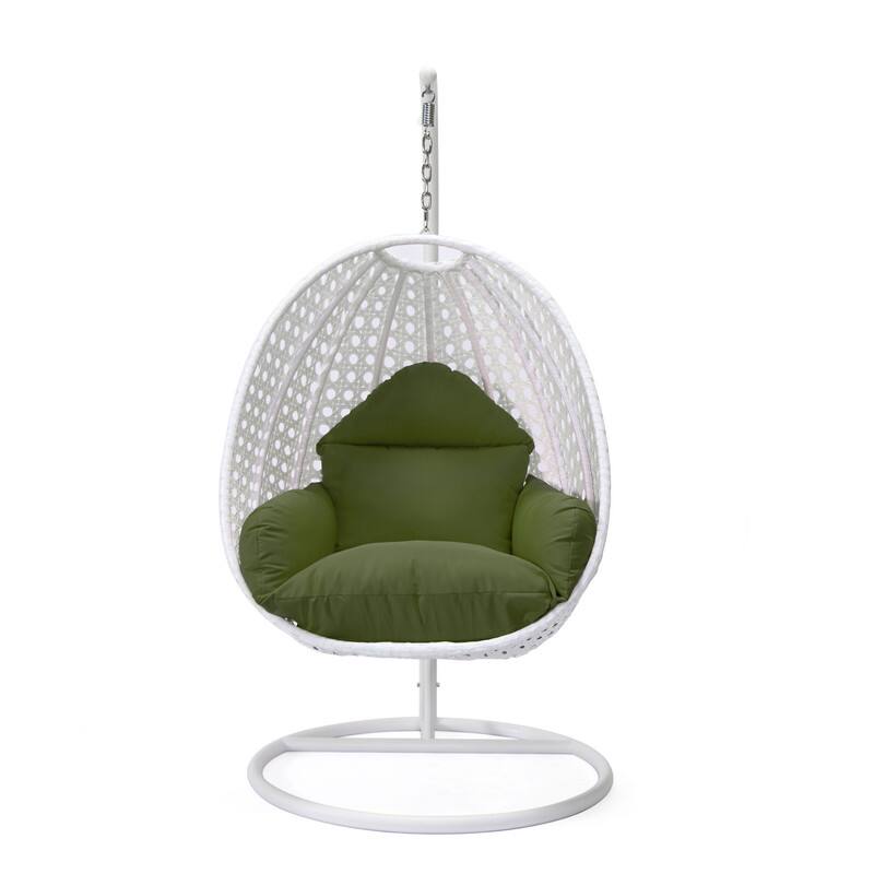 Left. LeisureMod - LeisureMod Modern Handwoven White Wicker Egg Swing Chair with Stand - Single Hanging Indoor/Outdoor Chair for Patio - Dark Green.