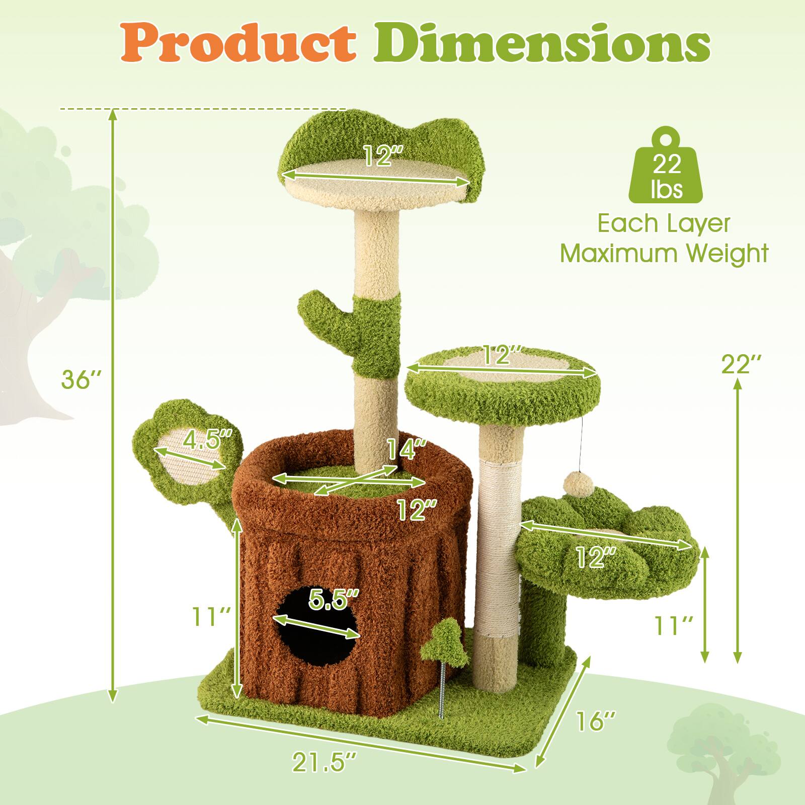 Product Dimensions  
120 lbs Each Layer Maximum Weight  
36" x 12" x 22"  
4.5" x 14" x 12"  
11" x 5.5" x 12"  
11" x 21.5" x 16"