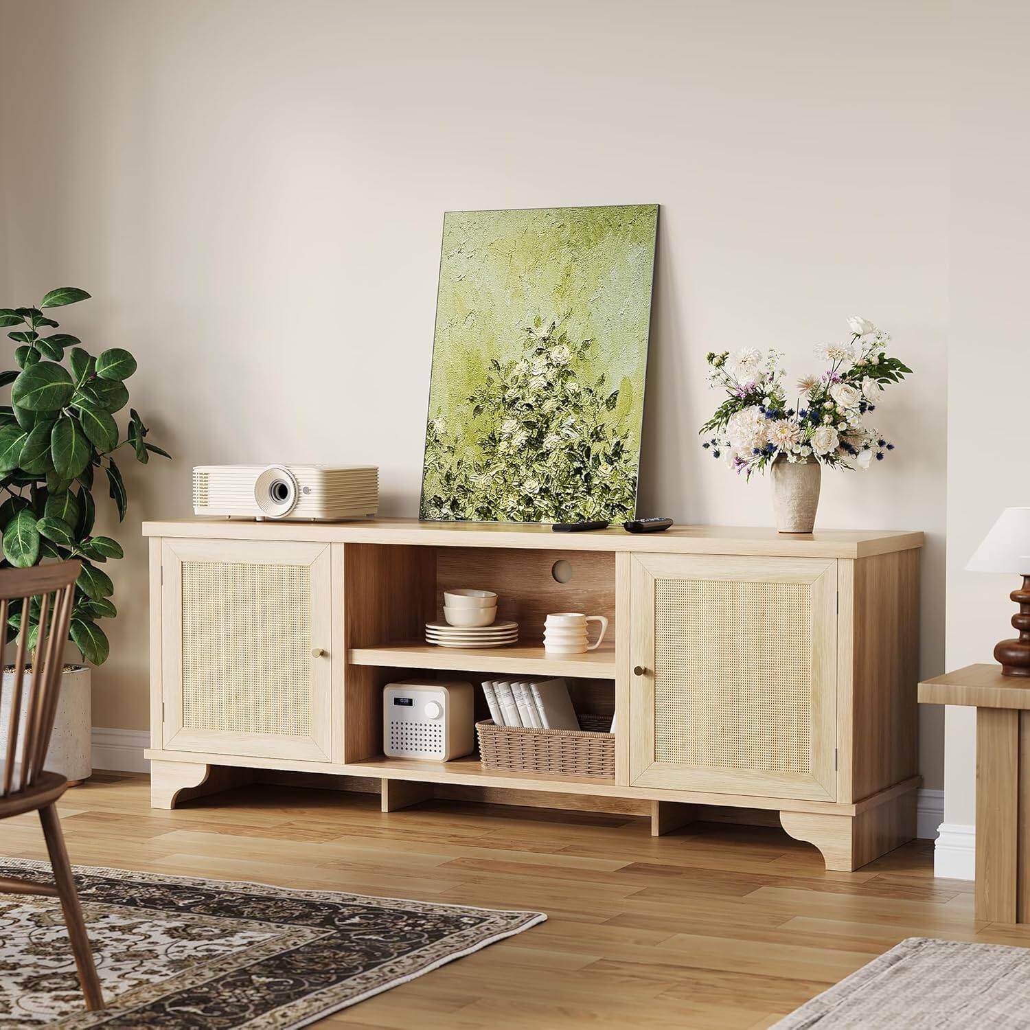 Alt View 3. Qeetex - 70" Rattan TV Stand, 2 Cabinets & Open Shelf, Boho Media Console - Oak.