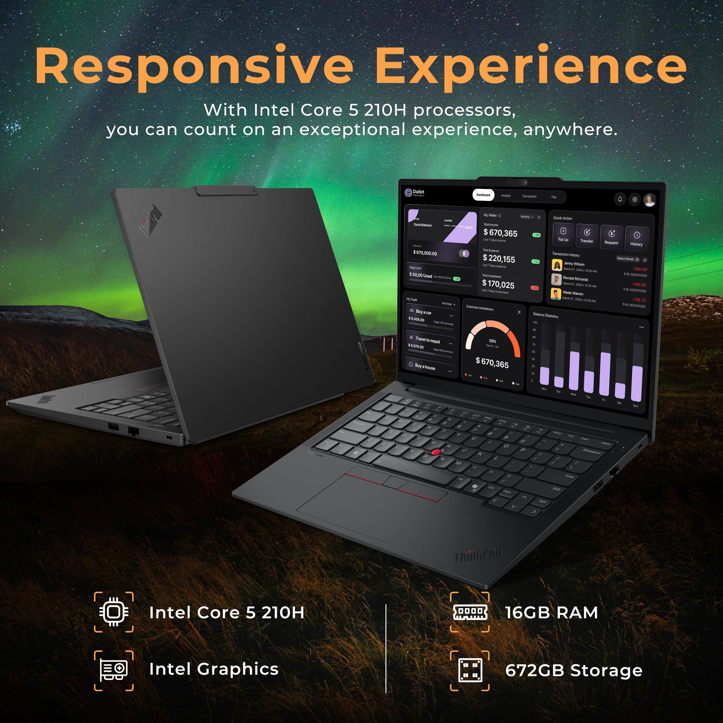 Responsive Experience

With Intel Core 5 210H processors, you can count on an exceptional experience, anywhere.

Intel Core 5 210H  
Intel Graphics  
16GB RAM  
672GB Storage