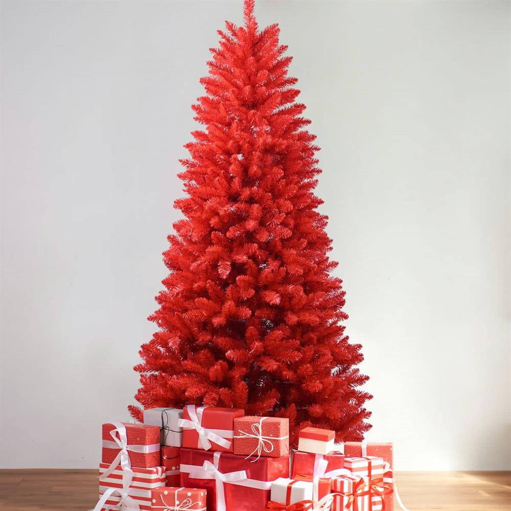 Alt View 4. Pefilos - 7ft PVC Christmas Tree with Hinged Branches for Easy Setup, 1066 Tips, Stable Metal Base for Christmas Decor - Red.