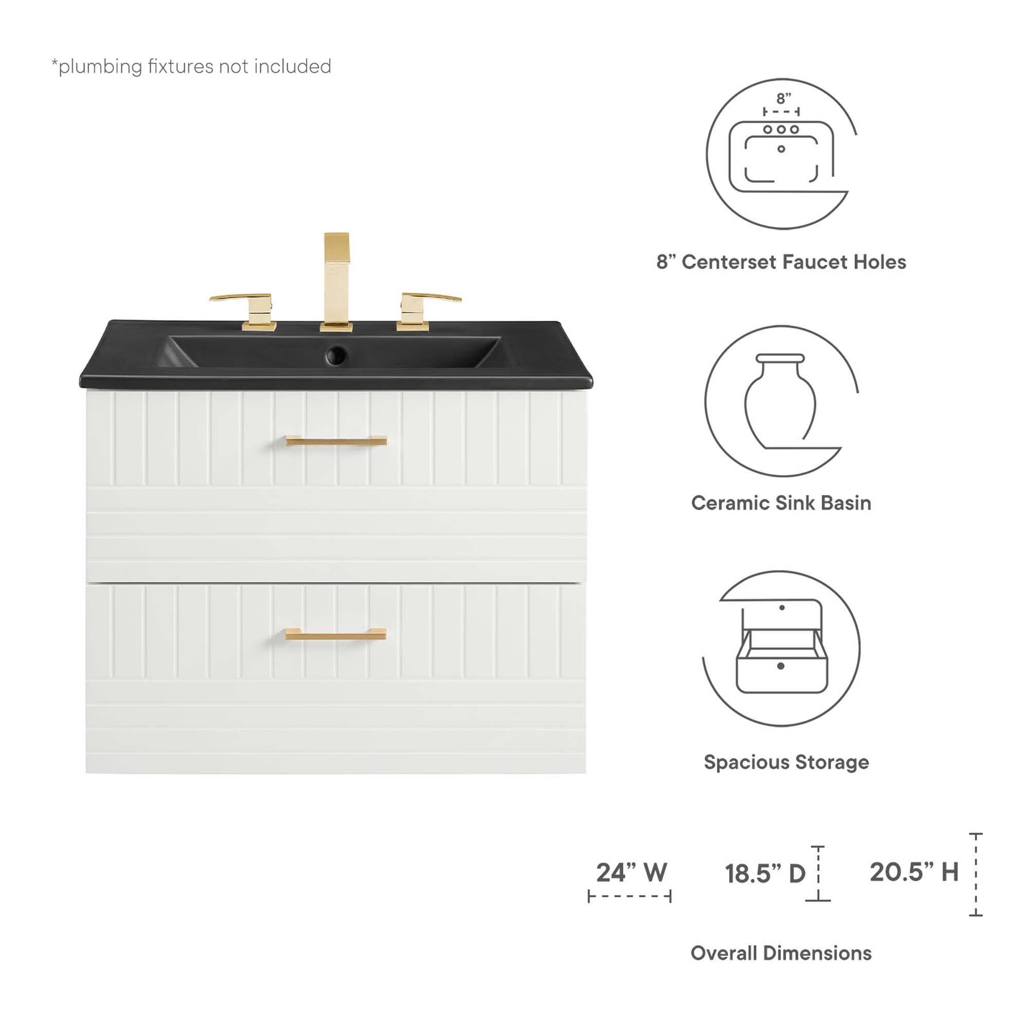 *plumbing fixtures not included

8" Centerset Faucet Holes

Ceramic Sink Basin

Spacious Storage

24" W x 18.5" D x 20.5" H Overall Dimensions
