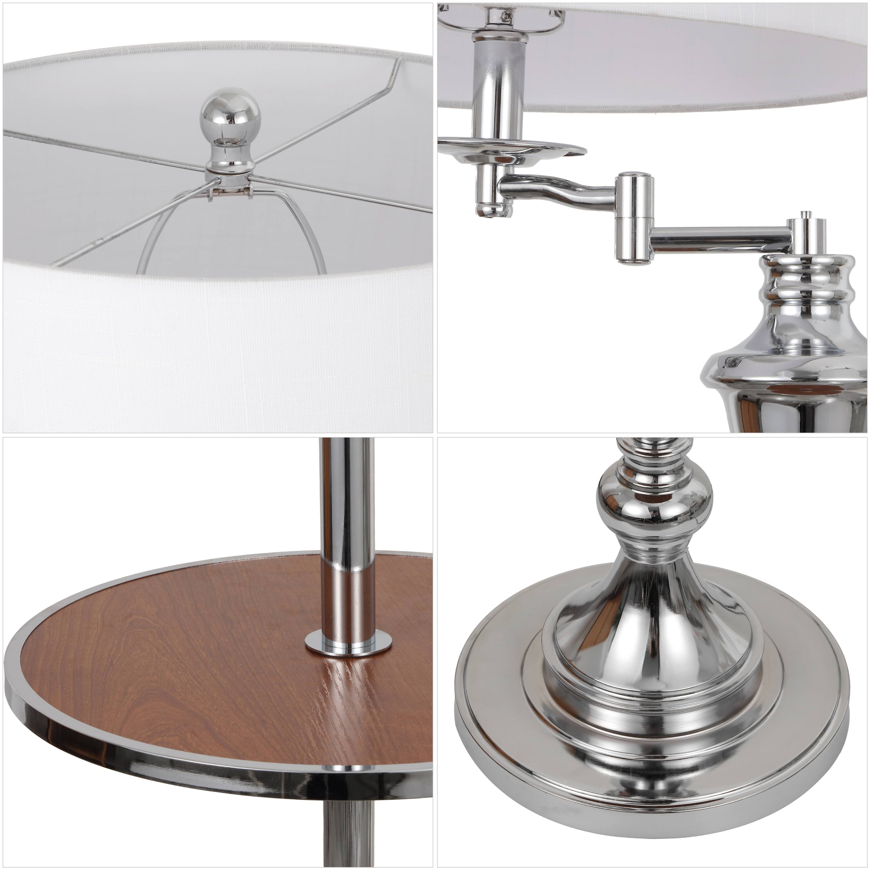 Alt View 4. Jonathan Y - Cora 60" Modern Metal LED Floor Lamp with Integrated Wood Side Table and Swing Arm, Chrome/Brown Wood - Chrome/Brown Wood.