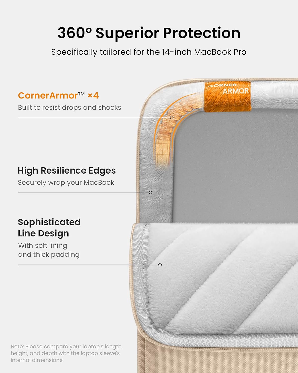 360° Superior Protection  
Specifically tailored for the 14-inch MacBook Pro  

CornerArmor™ x4  
Built to resist drops and shocks  

High Resilience Edges  
Securely wrap your MacBook  

Sophisticated Line Design  
With soft lining and thick padding  

Note: Please compare your laptop's length, height, and depth with the laptop sleeve's internal dimensions