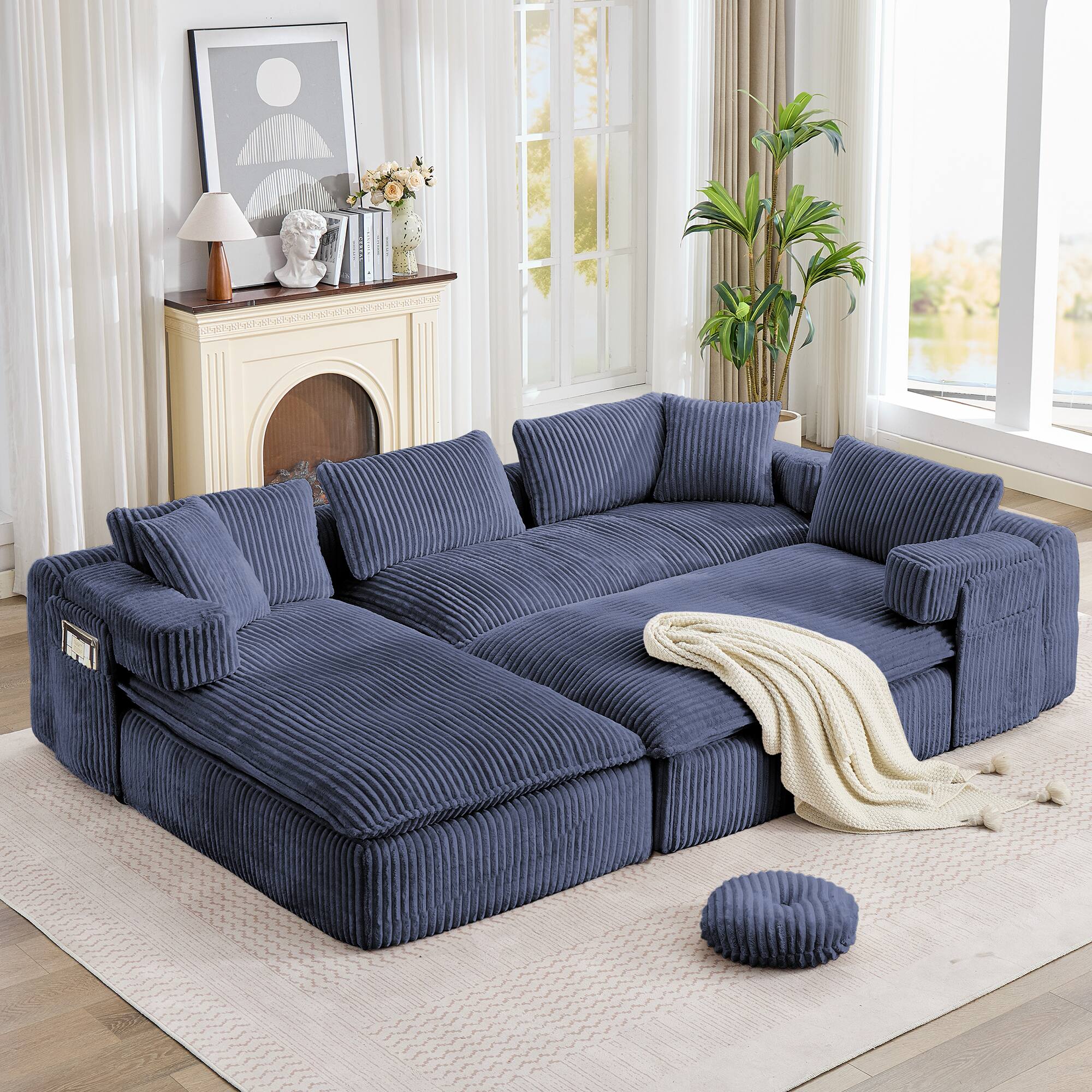 Left. Anysun - 149" Oversized U-Shaped Sectional Sofa – Deep Seat, Side Pocket, Movable Armrests, Corduroy – No Assembly Required - Blue.
