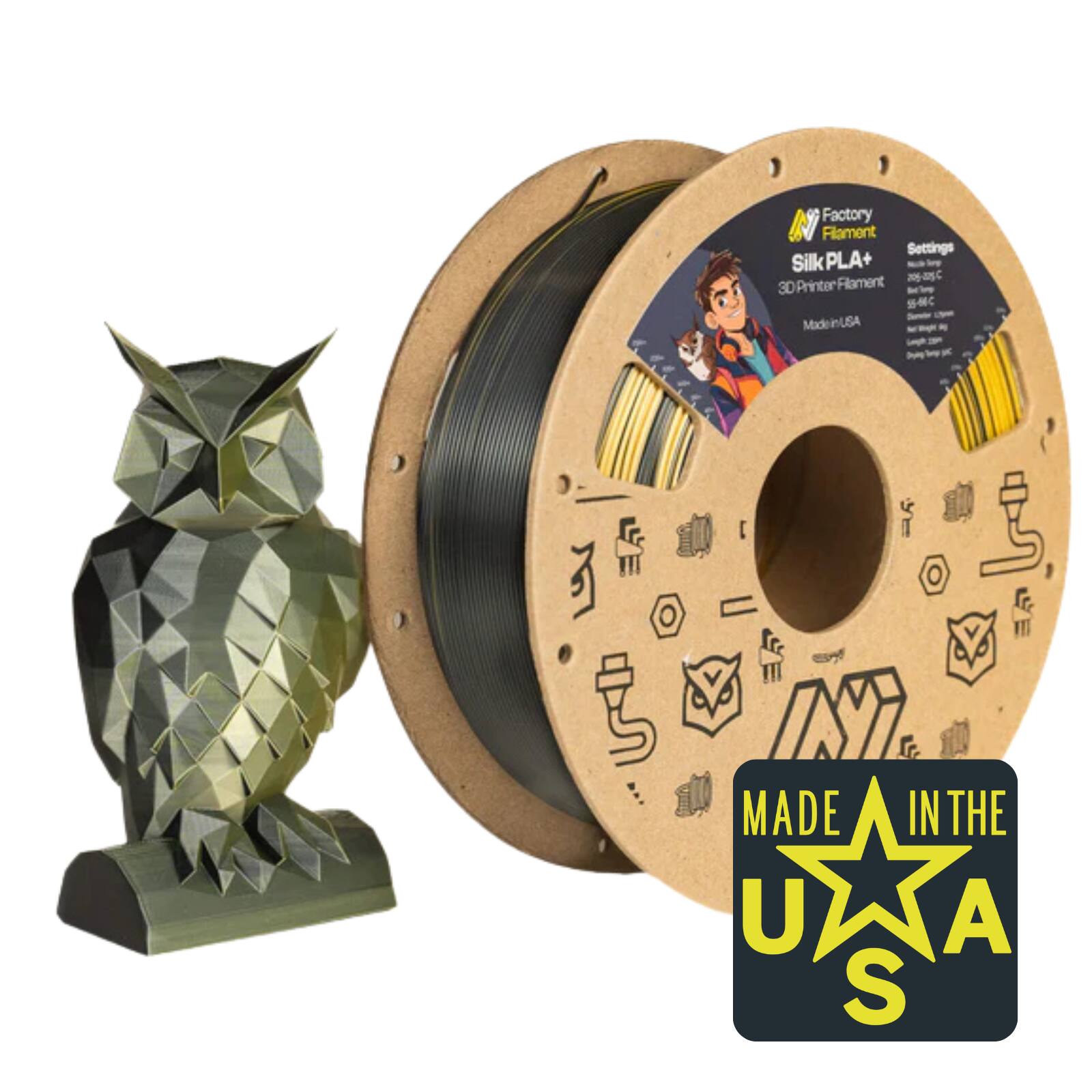 Factory Filament - 1.75mm Dual Color Silk Black + Gold PLA 3D Printer Filament, 1 KG Spool, Dimensional Accuracy +/- 0.02 mm - Black/Gold