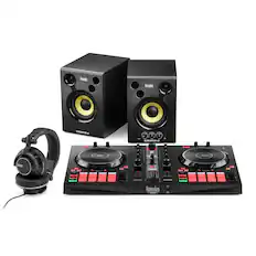 Hercules is a brand that produces audio equipment, such as speakers and headphones. In the image, there are two Hercules speakers and a headset, all placed on a white background. The speakers are black and yellow, and they are accompanied by a headset, which is also black and yellow. The combination of these audio devices suggests that they are designed for use with a computer or other electronic devices.