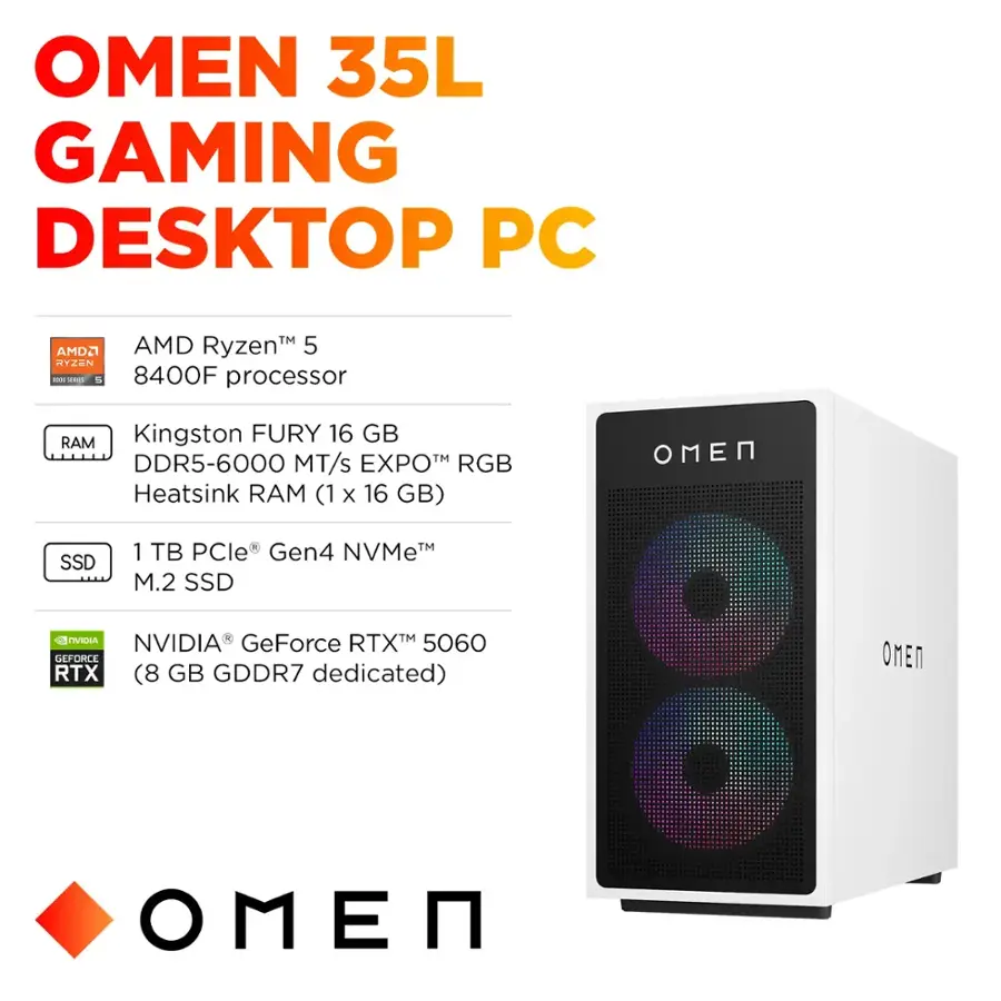 OMEN 35L GAMING DESKTOP PC TM AMD Ryzen 5 3600 processor RAM Kingston FURY 16 GB DDR5-6000 MT/s EXPO RGB Heatsink RAM (1 x 16 GB) TM 1 PCle Gen4 NVMe SSD M.2 SSD NVIDIA GeForce RTX 5060 DEFORCE RTX (8 GB GDDR7 dedicated)