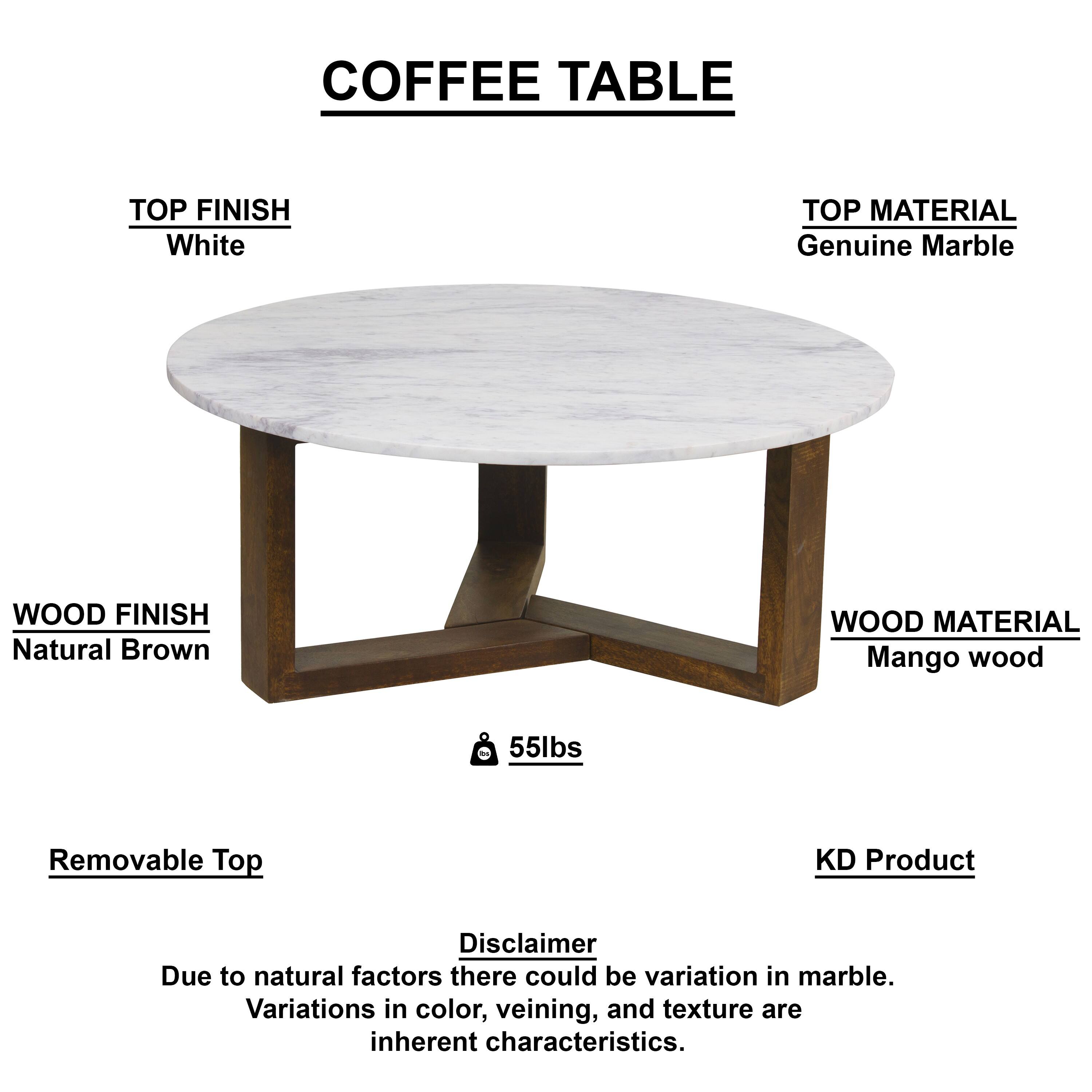COFFEE TABLE

- TOP FINISH: White
- TOP MATERIAL: Genuine Marble
- WOOD FINISH: Natural Brown
- WOOD MATERIAL: Mango wood
- WEIGHT: 55lbs
- Removable Top
- KD Product

Disclaimer: Due to natural factors, there could be variation in marble. Variations in color, veining, and texture are inherent characteristics.