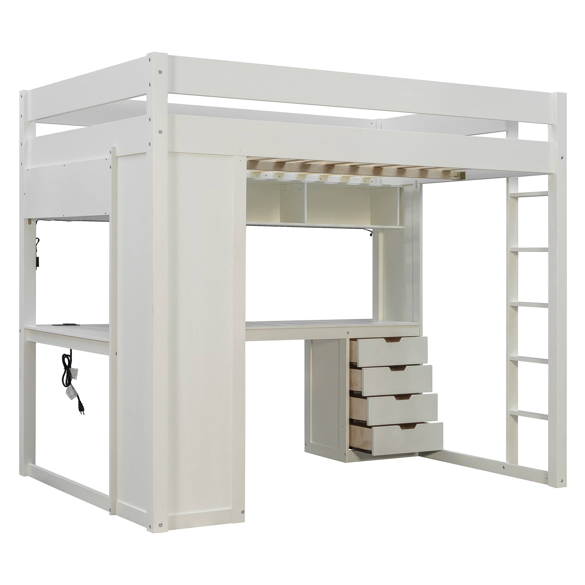 Alt View 2. Anysun - Full Solid Wood Loft Bed with L-Shaped Desk & 4 Drawers - App-Controlled LED Lights, USB Ports & 4-Tier Shelves - White.