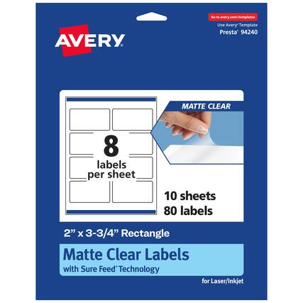 Go to avery.com/templates
Use Avery Template Presta® 94240
MATTE CLEAR
8 labels per sheet
10 sheets 80 labels
2" x 3-3/4" Rectangle
Matte Clear Labels with Sure Feed® Technology for Laser/Inkjet