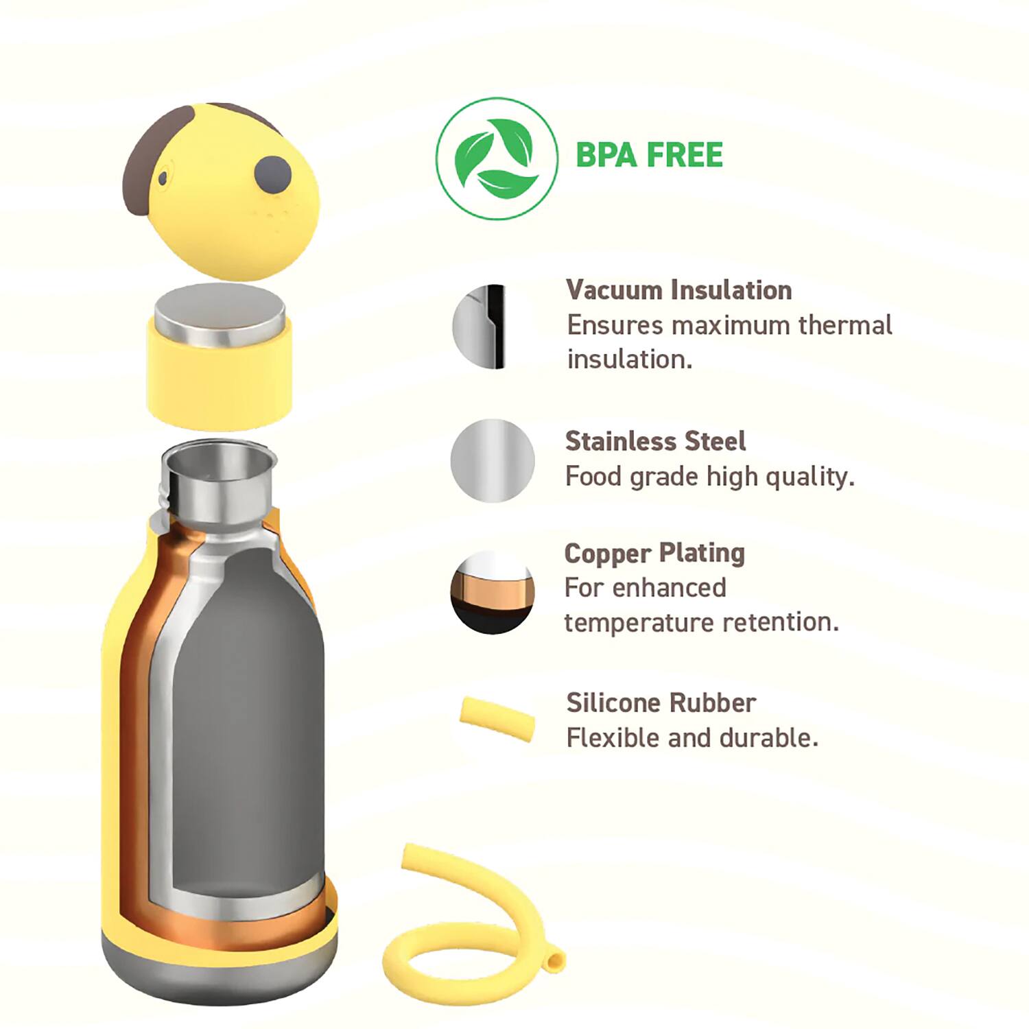 BPA FREE  
Vacuum Insulation: Ensures maximum thermal insulation.  
Stainless Steel: Food grade high quality.  
Copper Plating: For enhanced temperature retention.  
Silicone Rubber: Flexible and durable.