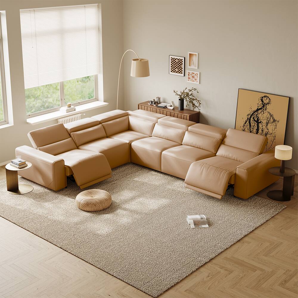 Left. POVISON - 141.14" Power L Shape Recliner Couch With 2 Recliner Seats,USB/Type C Charging Port, Adjustable Headrest, Khaki - Khaki Sustainable Leather.
