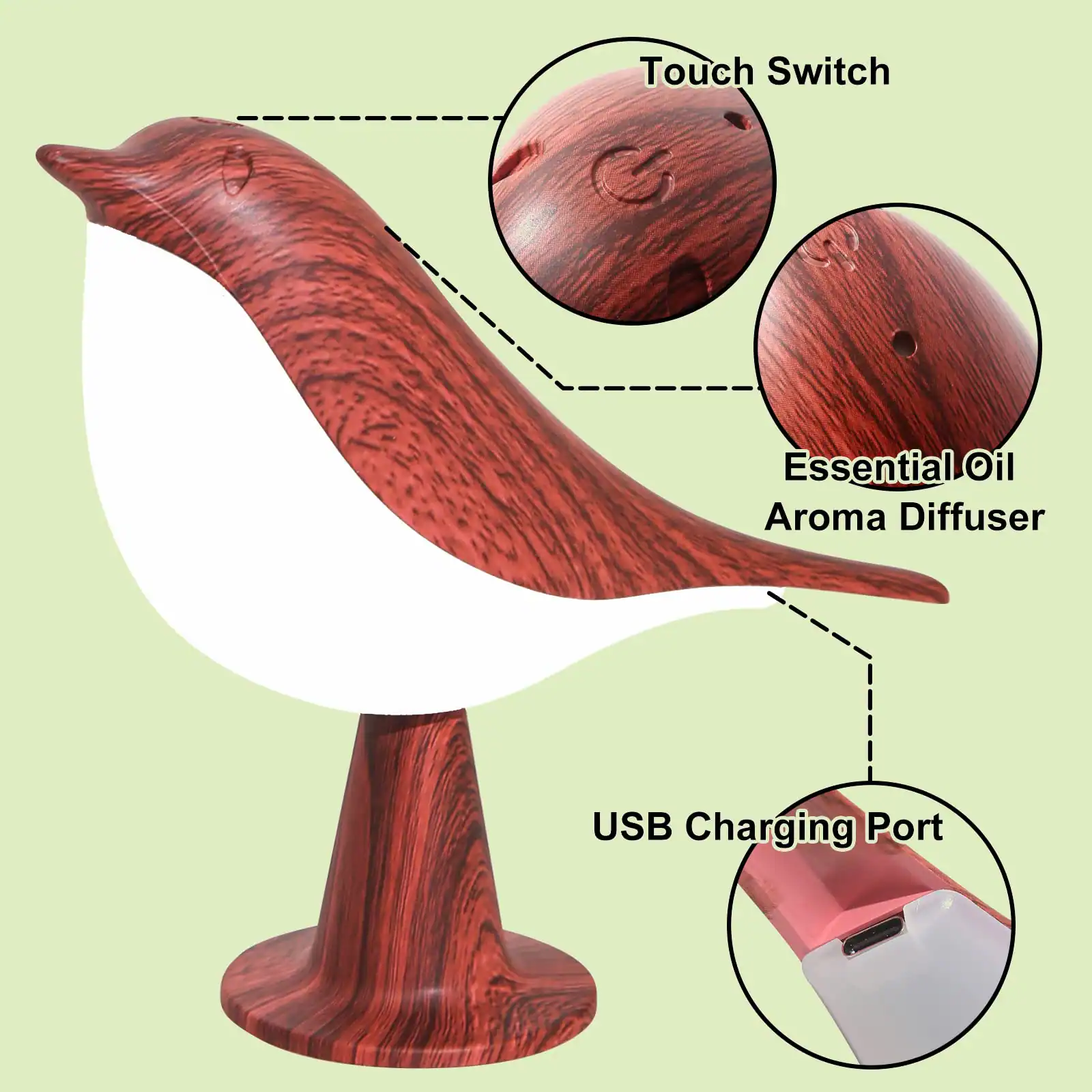 Touch Switch  
Essential Oil Aroma Diffuser  
USB Charging Port