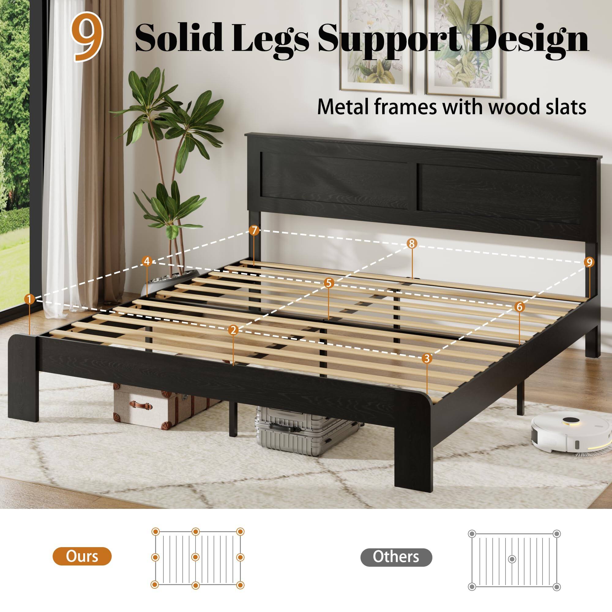 9 Solid Legs Support Design  
Metal frames with wood slats  

Ours  
Others  

9  
8  
7  
6  
5  
4  
3  
2  
1  

+ + + . .  
Ours + + +  
Others - + + .