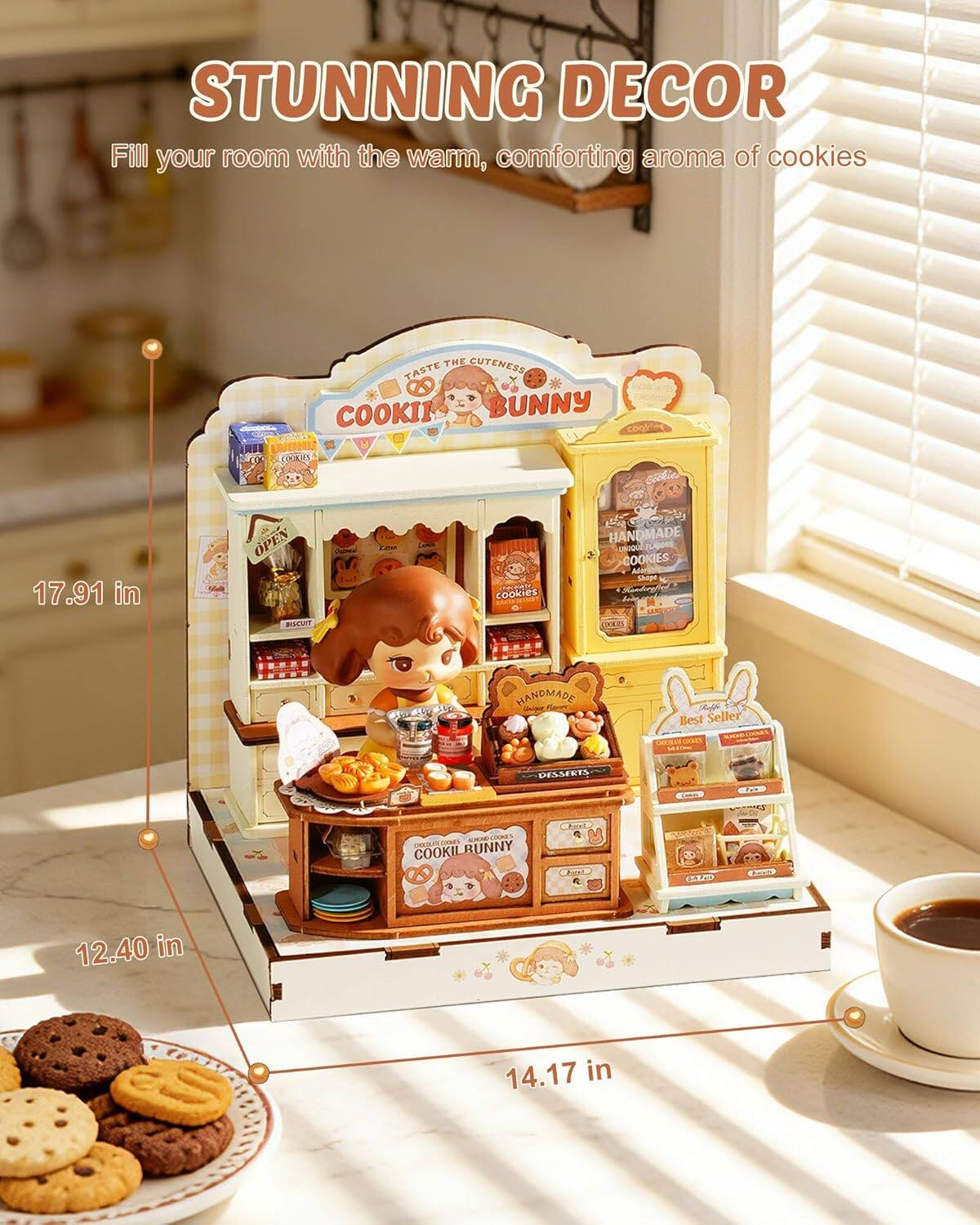 STUNNING DECOR  
Fill your room with the warm, comforting aroma of cookies  

THE CUTENESS TASTE  
COOKII BUNNY COOKIES  

17.91 in  
12.40 in  
14.17 in  

HANDMADE  
Best Seller  
DESSERTS  

COOKIL BUNNY