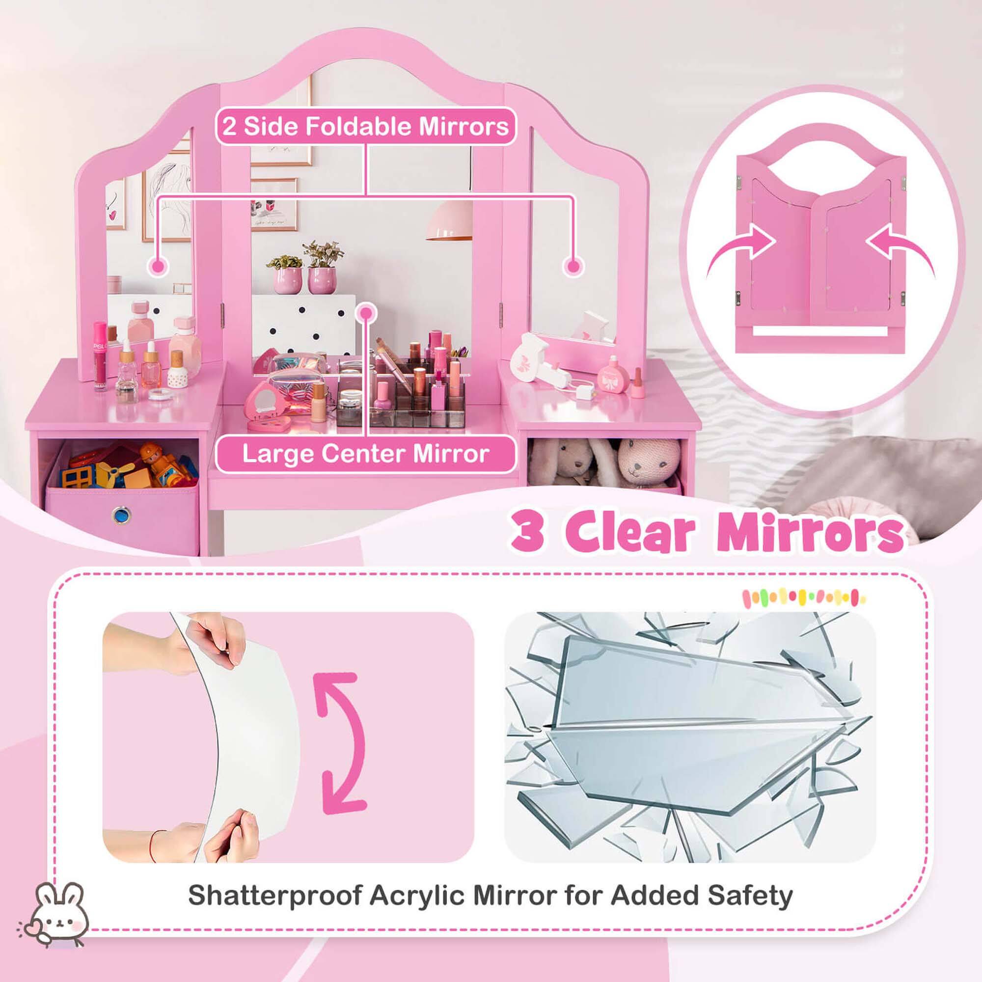 2 Side Foldable Mirrors, Large Center Mirror, 3 Clear Mirrors, 5 Shatterproof Acrylic Mirrors for Added Safety
