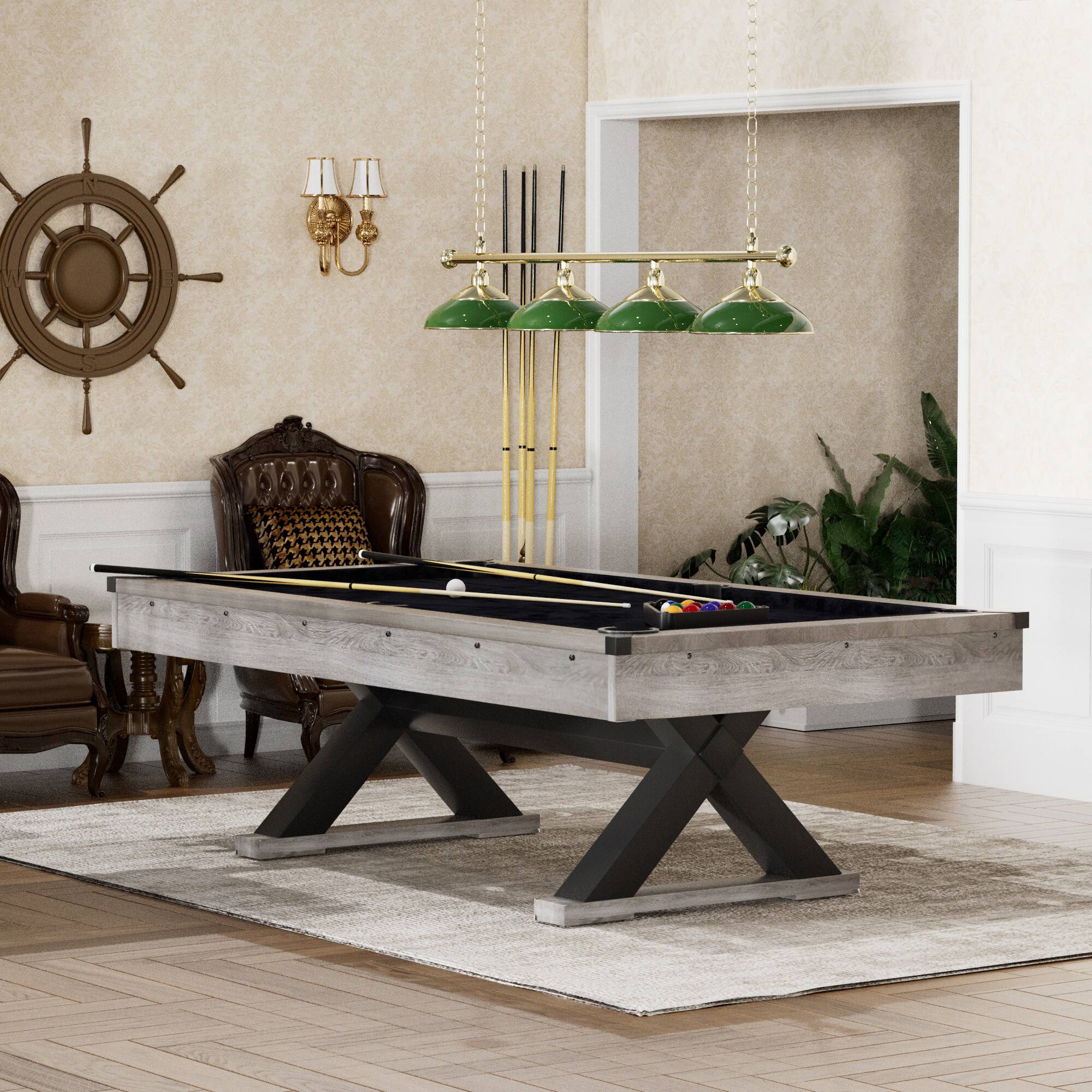 Left. Dexmalle - Dexmalle-84" Pool Table with Billiard Balls, Cues, Pool Cue Chalk, Cleaning Brush, X-Legs-Black+Grey - Grey.