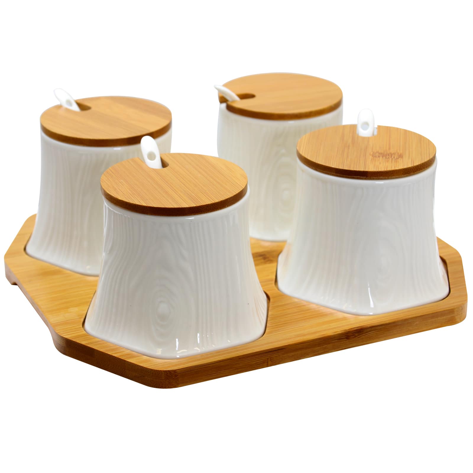 Elama - Ceramic Spice, Jam and Salsa Jars with Bamboo Lids & Serving Spoons - Brown