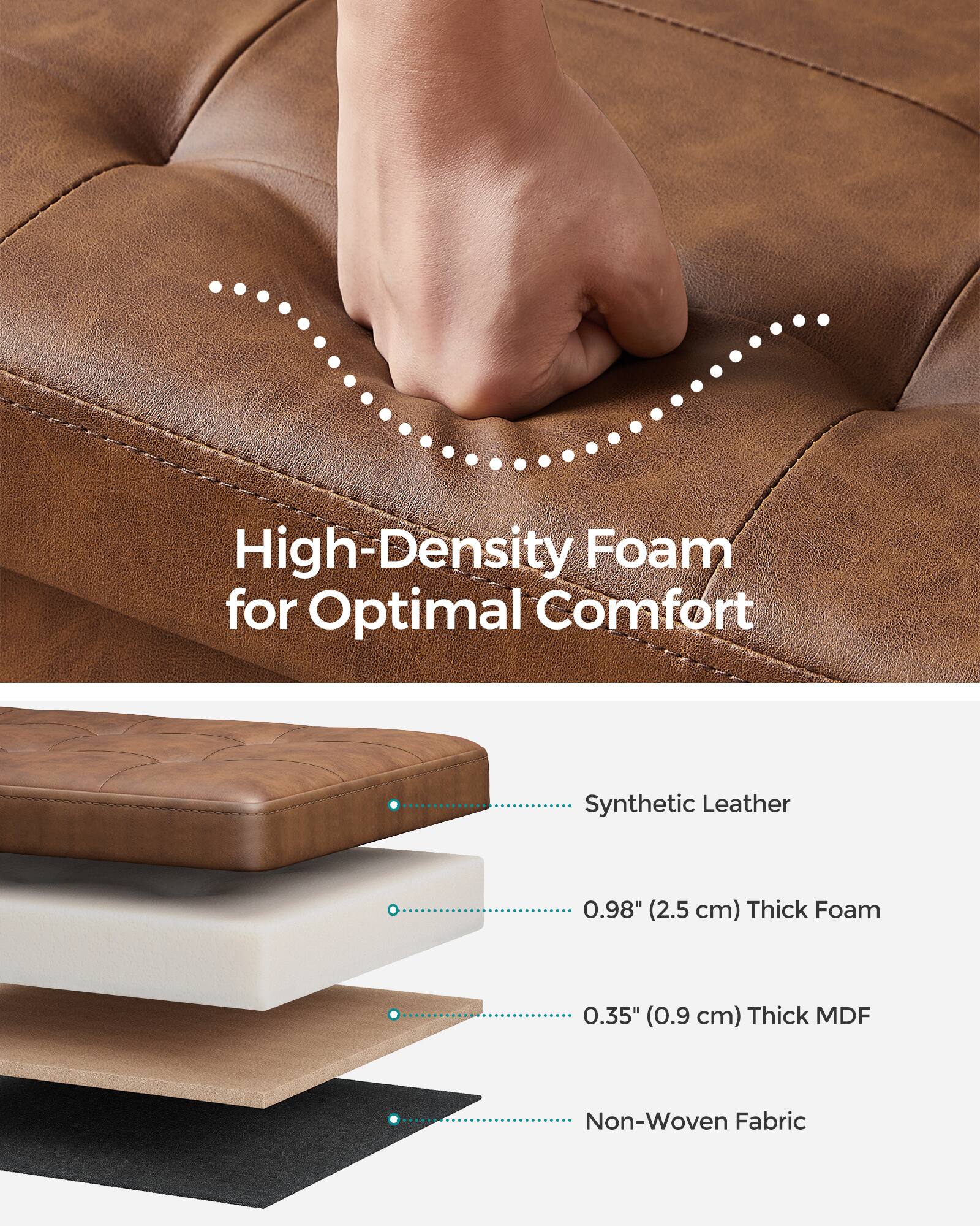 High-Density Foam for Optimal Comfort

- Synthetic Leather
- 0.98" (2.5 cm) Thick Foam
- 0.35" (0.9 cm) Thick MDF
- Non-Woven Fabric