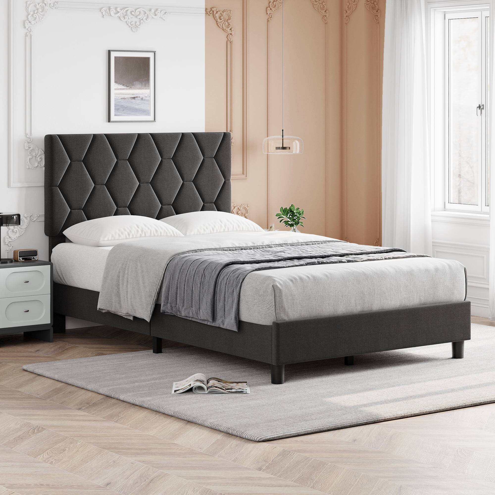 Front. Qeetex - Queen Bed Frame with Fabric Headboard, Diamond Design, Light Gray, No Box Spring - Light Gray Queen.