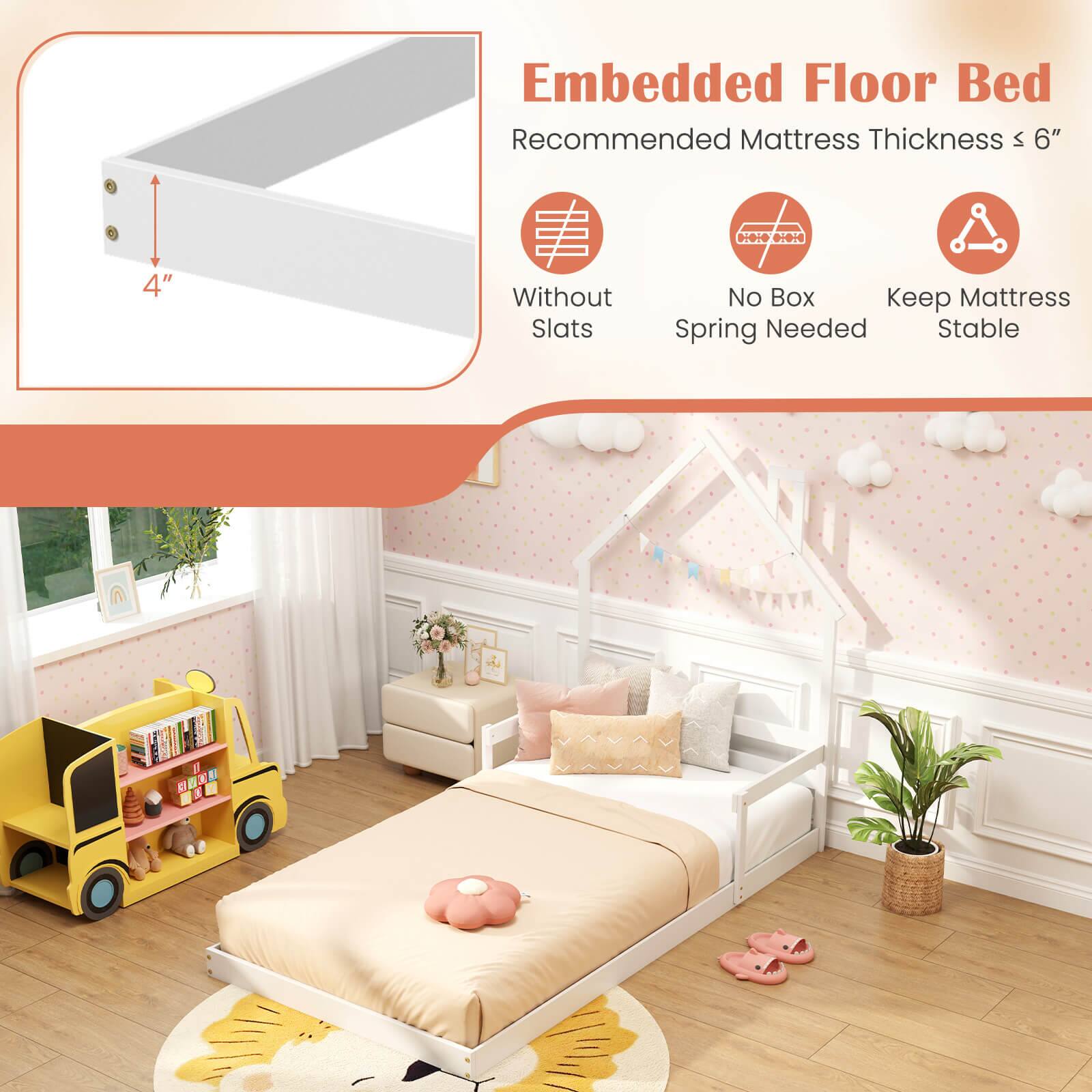 Embedded Floor Bed Recommended Mattress Thickness: 6" 2 Diole ... 4" Without Slats No Box Keep Mattress Spring Needed Stable