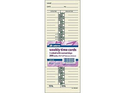 **NAME**  
**DATE**  
**NO.**

**EXTRA TIME**  
**REGULAR TIME**

**MONDAY**  
**TUESDAY**  
**WEDNESDAY**  
**THURSDAY**  
**FRIDAY**  
**SATURDAY**  
**SUNDAY**

**TOTAL**  
**TOTAL**

---

**Adams**  
**weekly time cards**  
1-sided with named days  
200 cards, 3½" x 5½" (8.8 cm x 13.9 cm)
