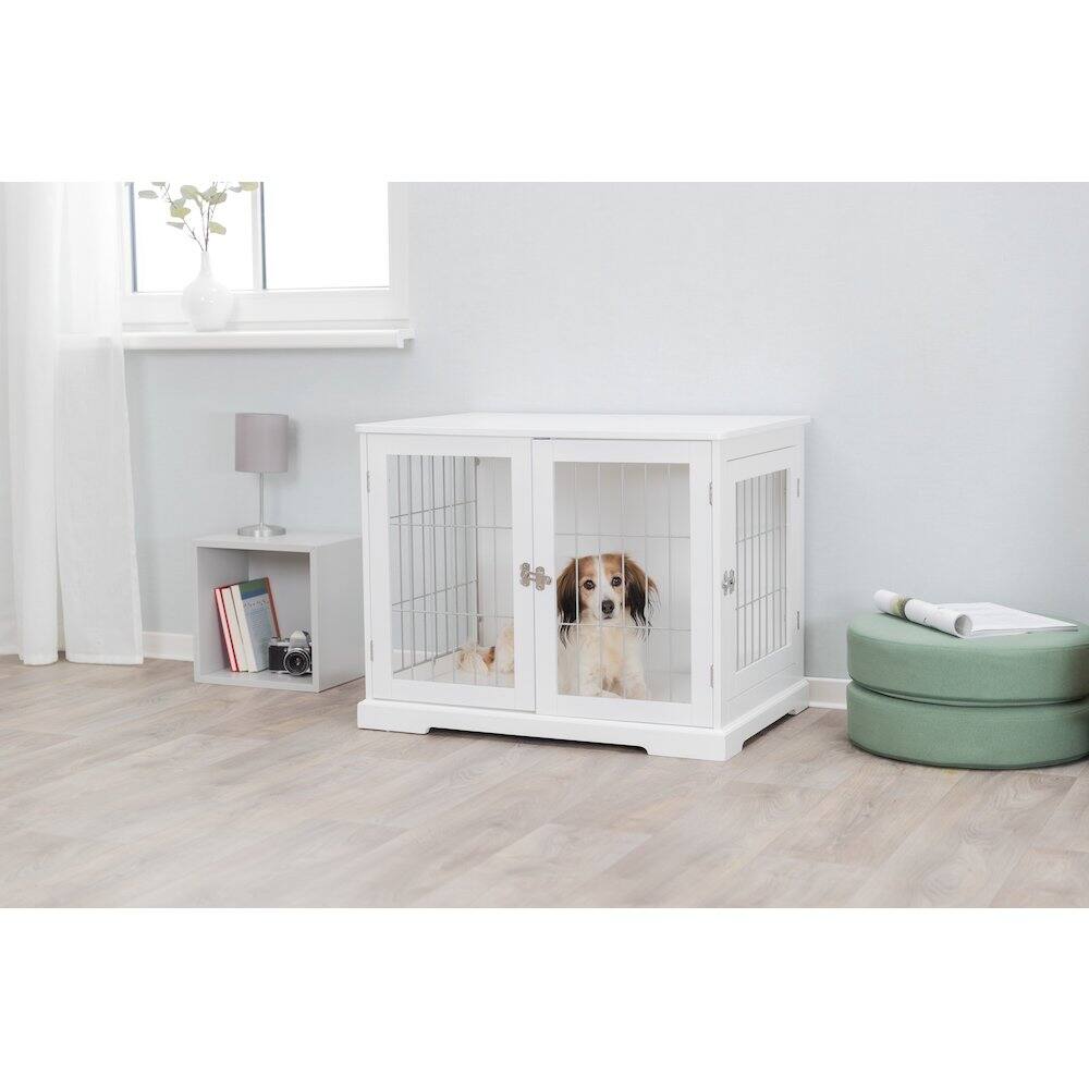 Left. TRIXIE - Dog Crate, Wooden Indoor Kennel Furniture for Dogs Up to 25 lb - White.