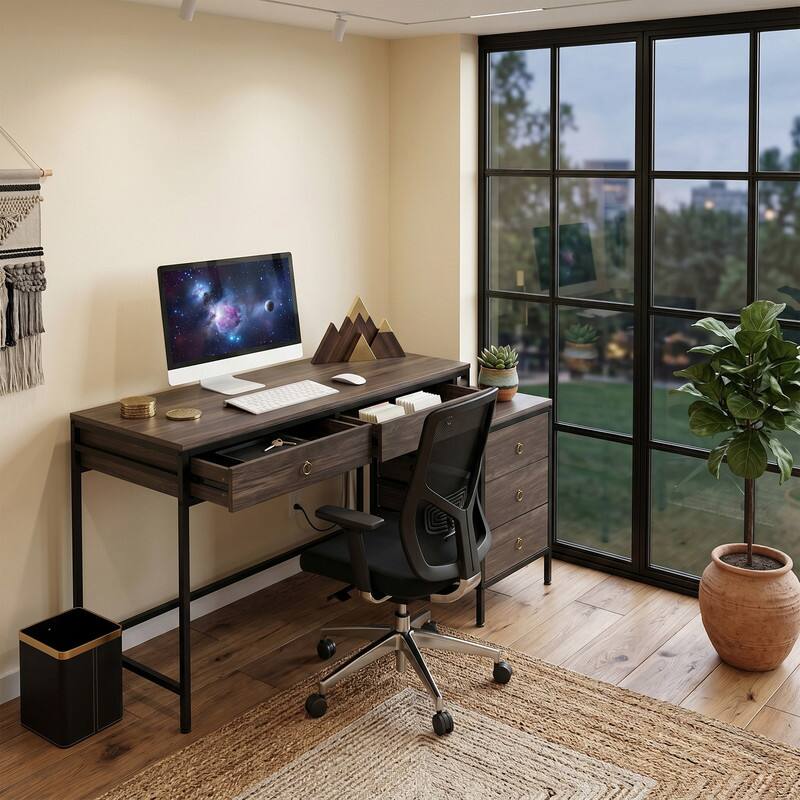 Alt View 5. WELLFOR - 51" Computer Desk with 5 Drawers & Printer Stand, Writing Desk for Home Office - Grey.