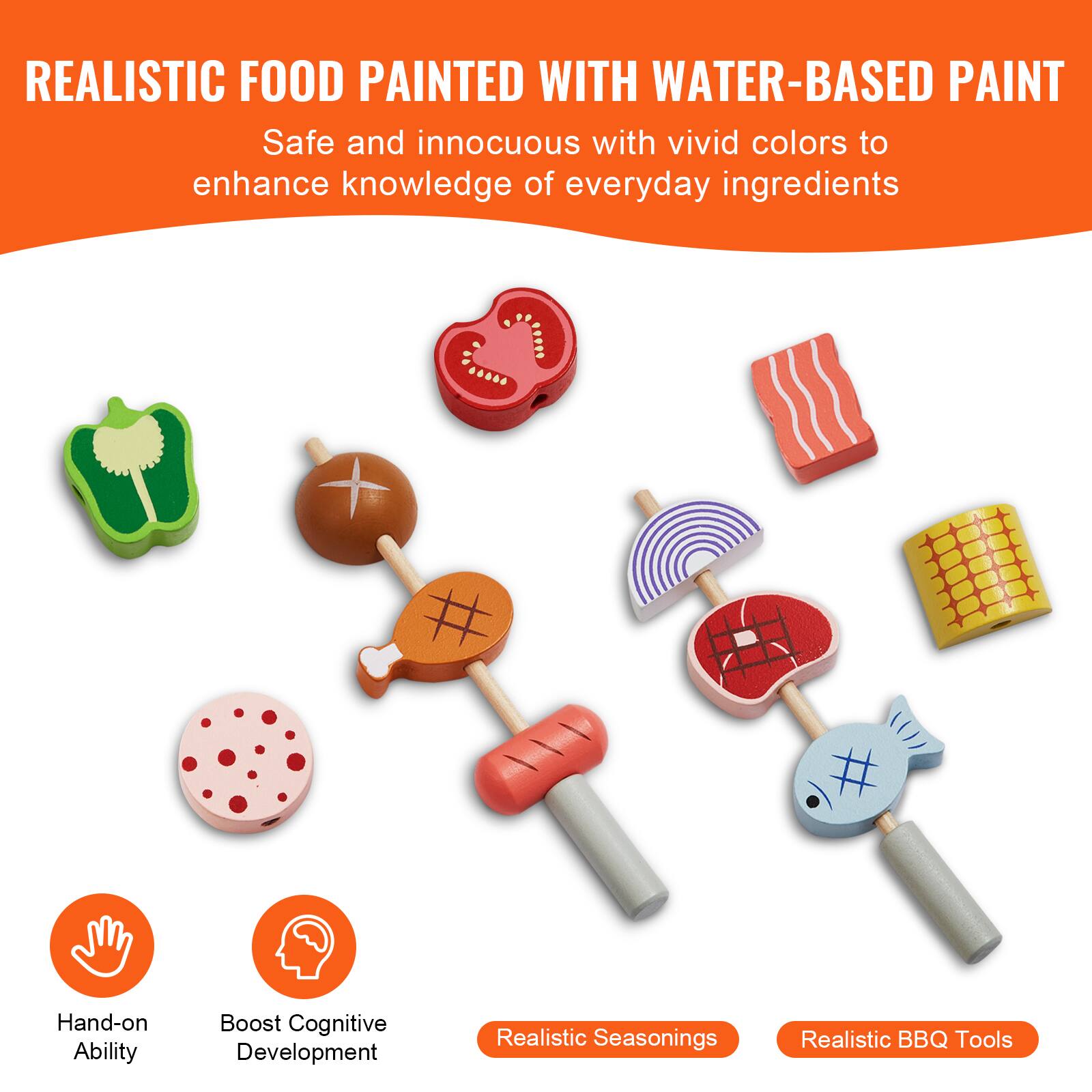 REALISTIC FOOD PAINTED WITH WATER-BASED PAINT

Safe and innocuous with vivid colors to enhance knowledge of everyday ingredients

Hand-on Ability

Boost Cognitive Development

Realistic Seasonings

Realistic BBQ Tools