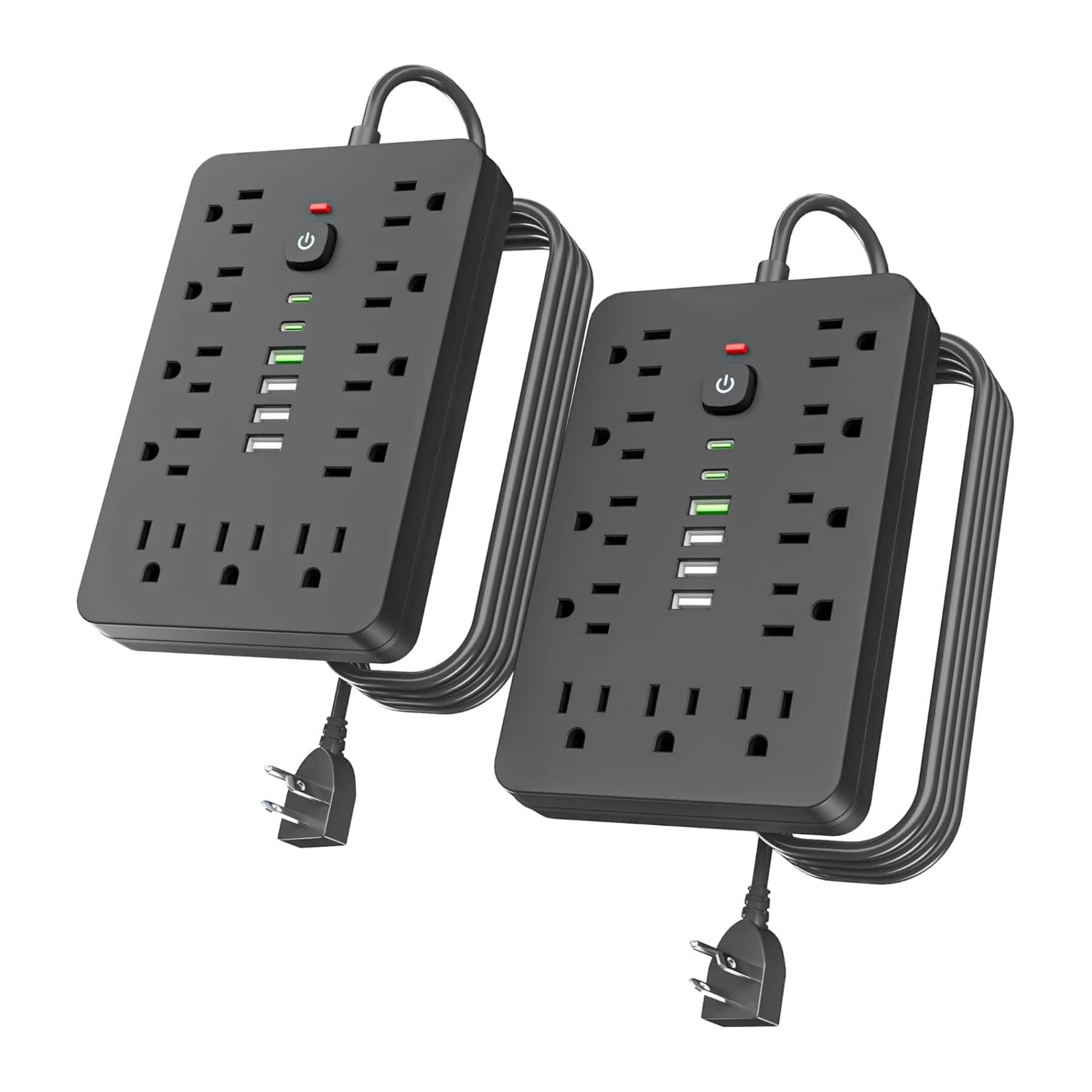 Dazzed Corner - 2PCS 6FT Surge Protector Power Strip, 11 Outlets & 6 USB Ports (2 USB-C) - Black