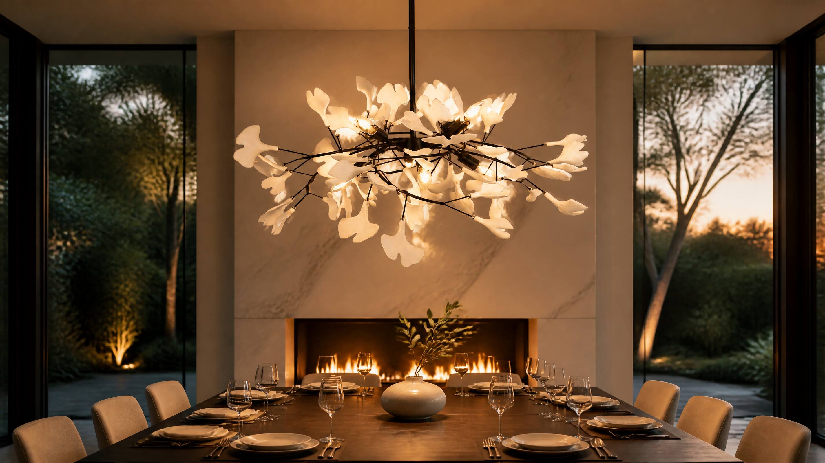 Angle. Umeiluce - 8-Light Luxury Branching Chandelier Ginkgo Lighting - Matte Black.