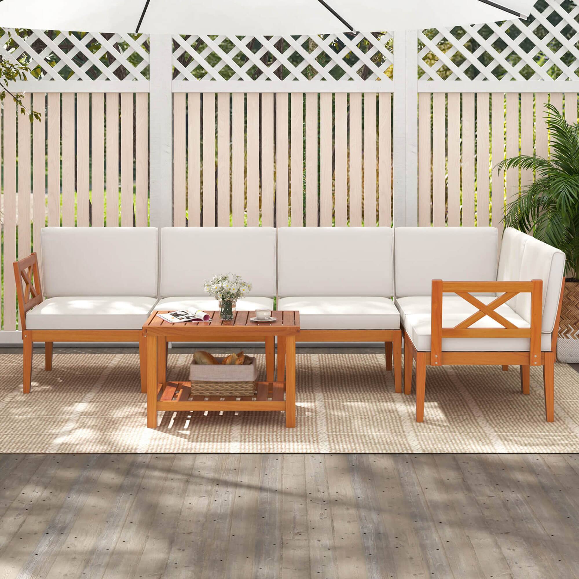 Alt View 3. Costway - 6 PCS Acacia Wood Patio Furniture Set with Cushions and 2-Tier Coffee Table - Off White,Natural.
