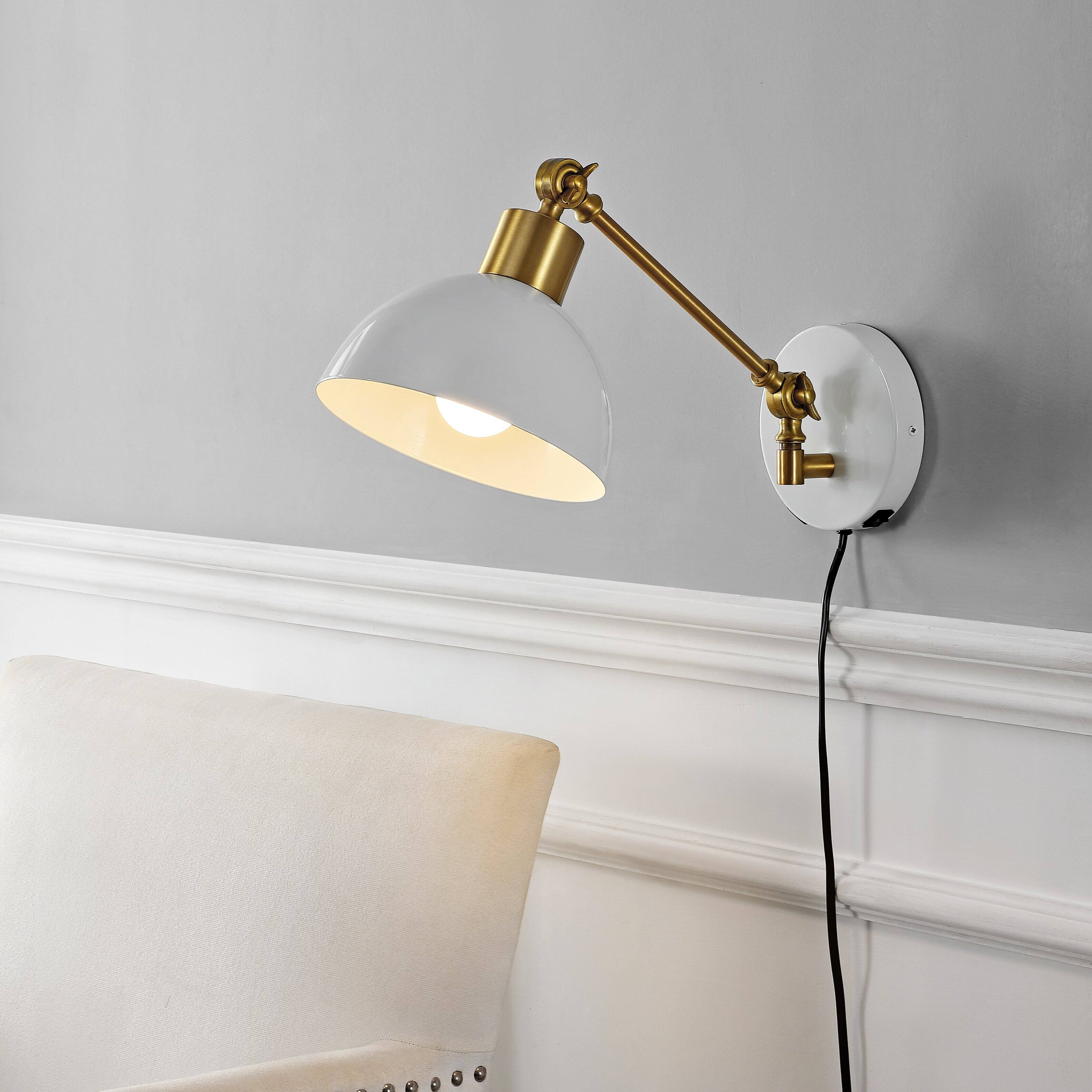 Alt View 1. Jonathan Y - Lisa 18" Swing Arm 1-Light Modern Midcentury Iron USB Charging Port LED Sconce, White/Brass Gold - White.