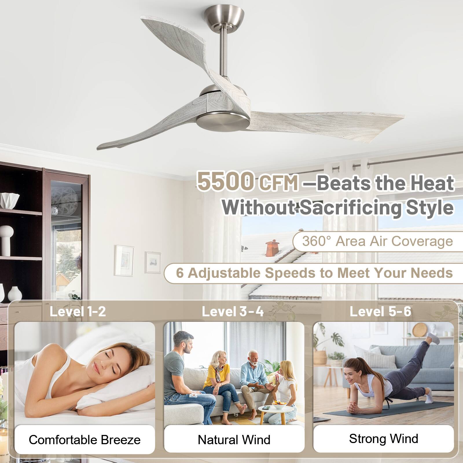 5500 CFM - Beats the Heat Without Sacrificing Style  
360° Area Air Coverage  
6 Adjustable Speeds to Meet Your Needs  

Level 1-2: Comfortable Breeze  
Level 3-4: Natural Wind  
Level 5-6: Strong Wind