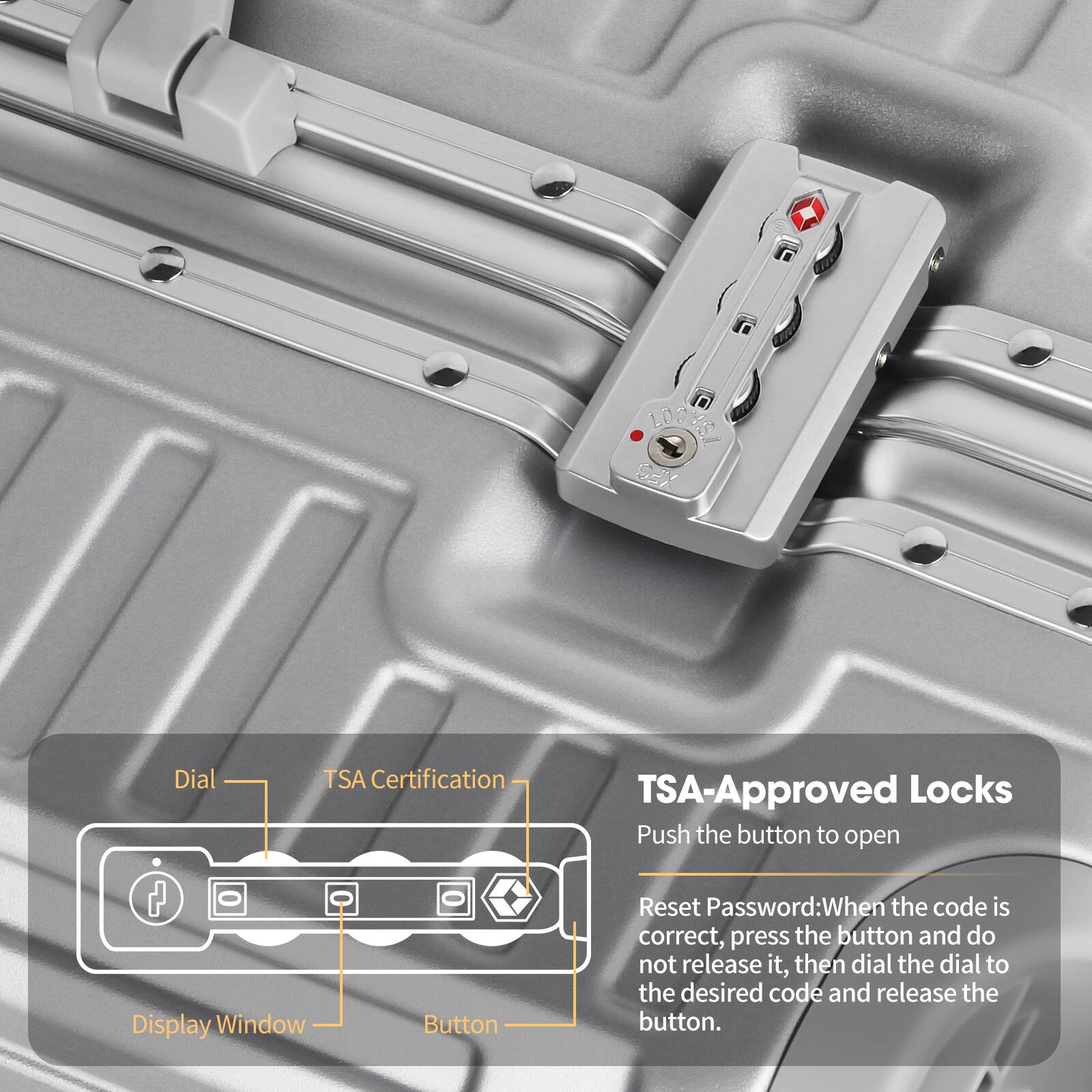 TSA-Approved Locks

Push the button to open

Reset Password: When the code is correct, press the button and do not release it, then dial the dial to the desired code and release the button.

- Dial
- TSA Certification
- Display Window
- Button