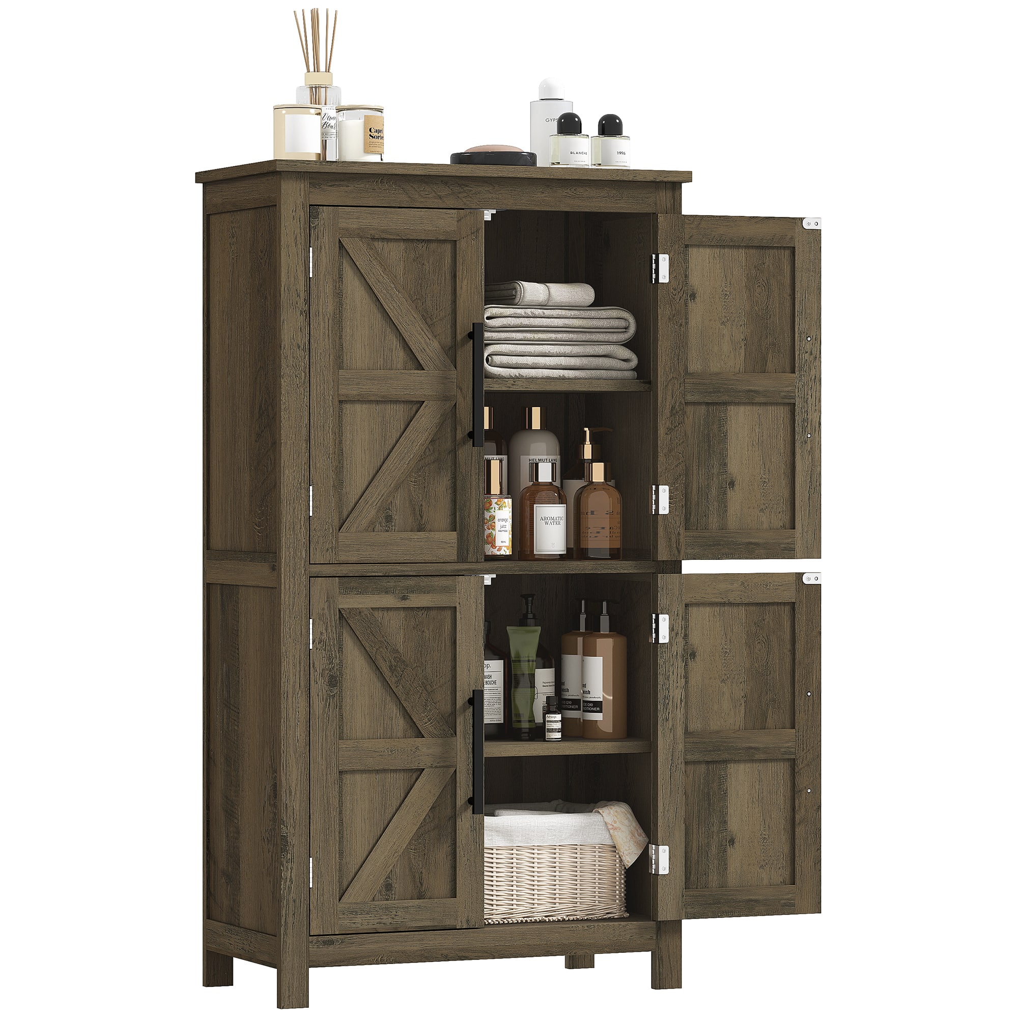 Front. Homcom - Farmhouse Bathroom Storage Cabinet with 4 Barn Doors, Bathroom Floor Cabinet with 2 Adjustable Shelf - Brown.