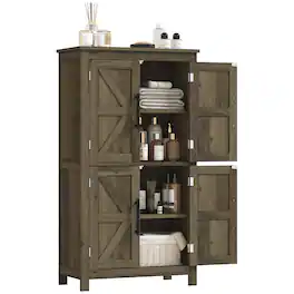 Homcom - Farmhouse Bathroom Storage Cabinet with 4 Barn Doors, Bathroom Floor Cabinet with 2 Adjustable Shelf - Brown