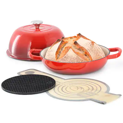 Front. MegaChef - MegaChef 6 Quart Enameled Cast Iron Bread Pot in Red with Baking Mat - Red.
