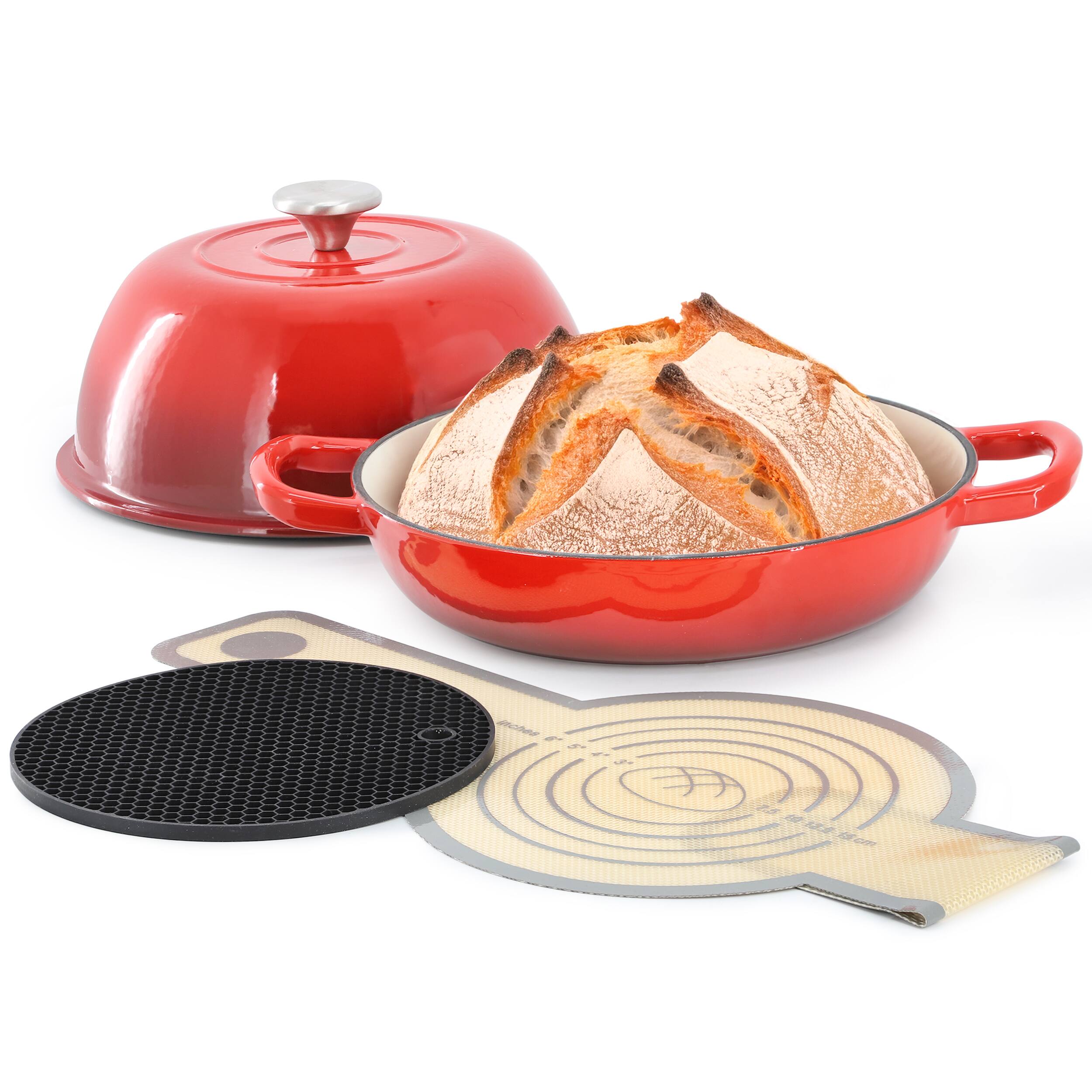 MegaChef - 6 Quart Enameled Cast Iron Bread Pot with Baking Mat - Red