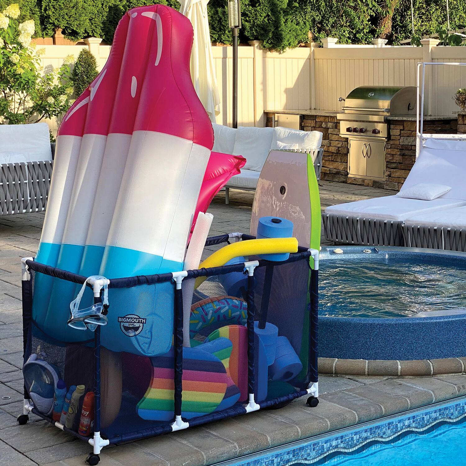 Alt View 1. Pool Bins - Pool Storage Mesh Rolling Organizer, Extra Large, 25" x 43" x 28", PB-K400.