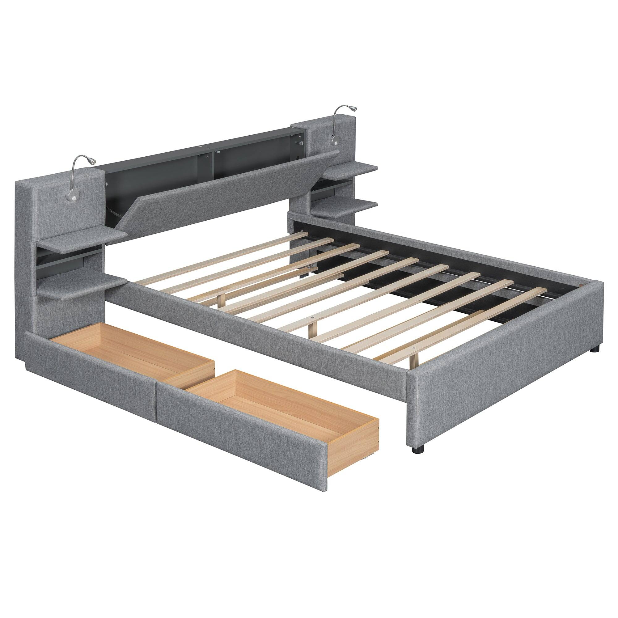 Alt View 5. Boyel Living - Queen Size Upholstered Platform Bed with Reading Lights, Drawers, Trundle, and Storage Shelves – Gray - Grey.