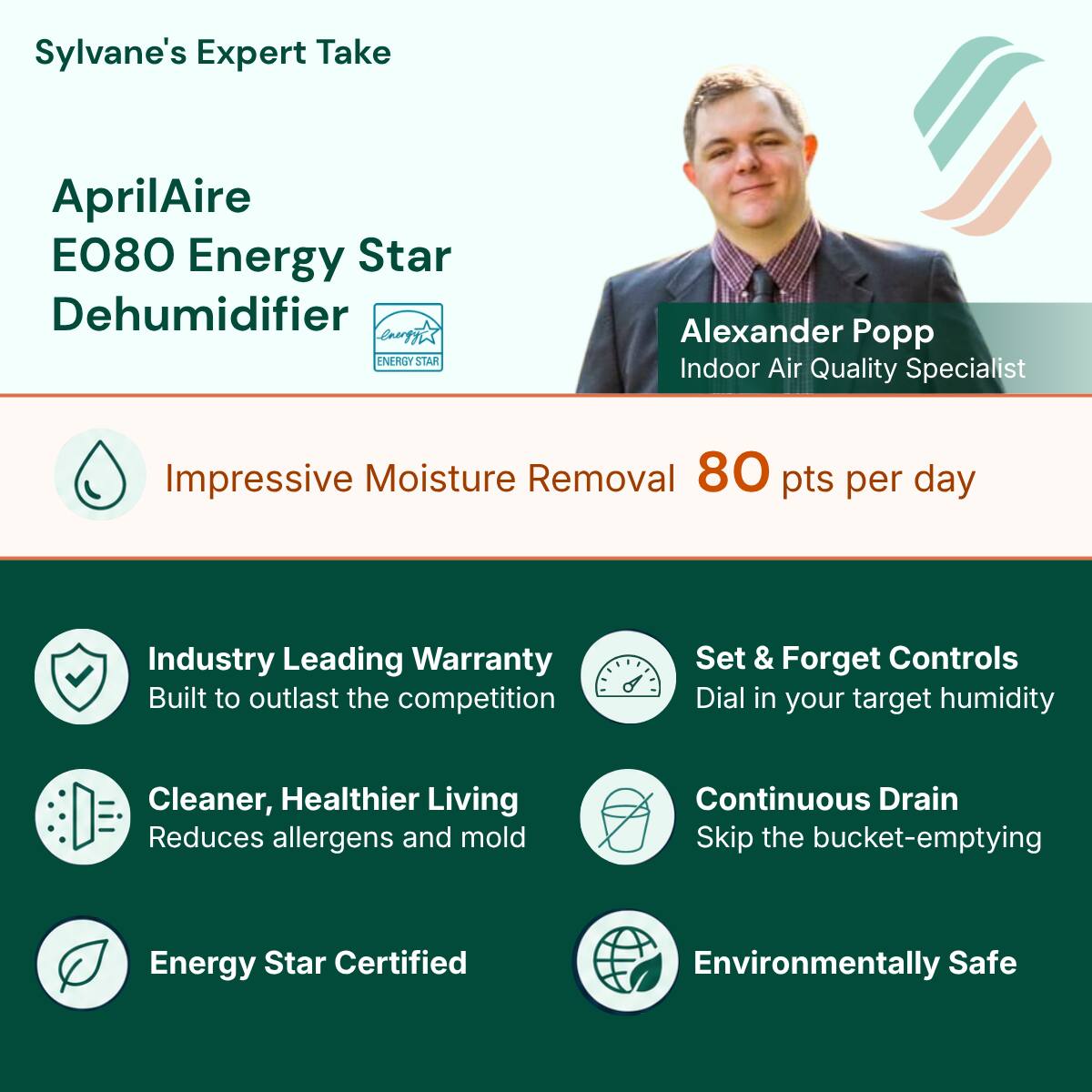 Sylvane's Expert Take

AprilAire E080 Energy Star Dehumidifier

Alexander Popp
Indoor Air Quality Specialist

Impressive Moisture Removal 80 pts per day

Industry Leading Warranty
Built to outlast the competition

Set & Forget Controls
Dial in your target humidity

Cleaner, Healthier Living
Reduces allergens and mold

Continuous Drain
Skip the bucket-emptying

Energy Star Certified

Environmentally Safe