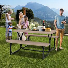 Mondawe - 72in Freestanding HDPE Picnic Table Set w/ Metal Base, Outdoor Dining Bench for Patio Garden, 1 Table 2 Benches - Coffee