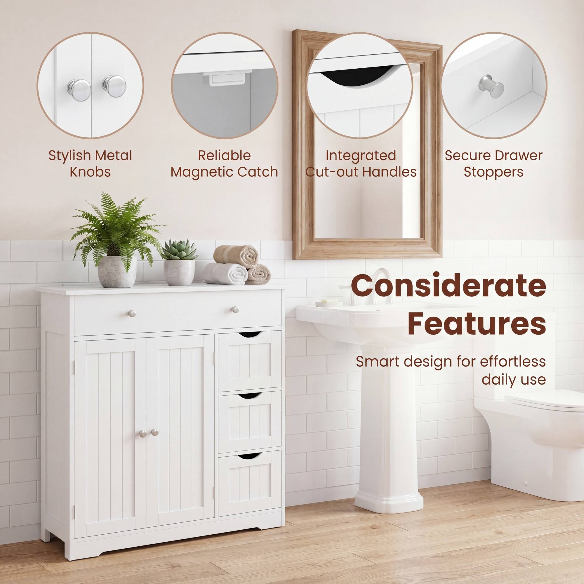 Stylish Metal Knobs  
Reliable Integrated Secure Drawer Magnetic Catch Cut-out Handles Stoppers  
Considerate Features  
Smart design for effortless daily use