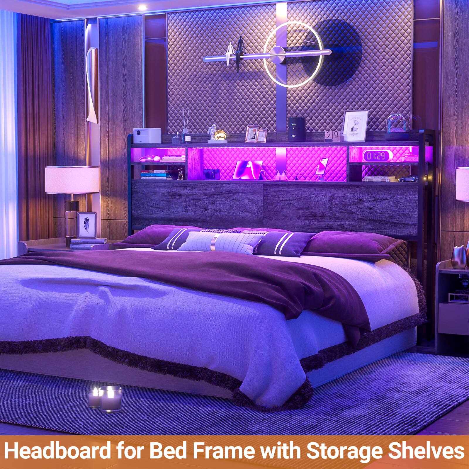 Headboard for Bed Frame with Storage Shelves